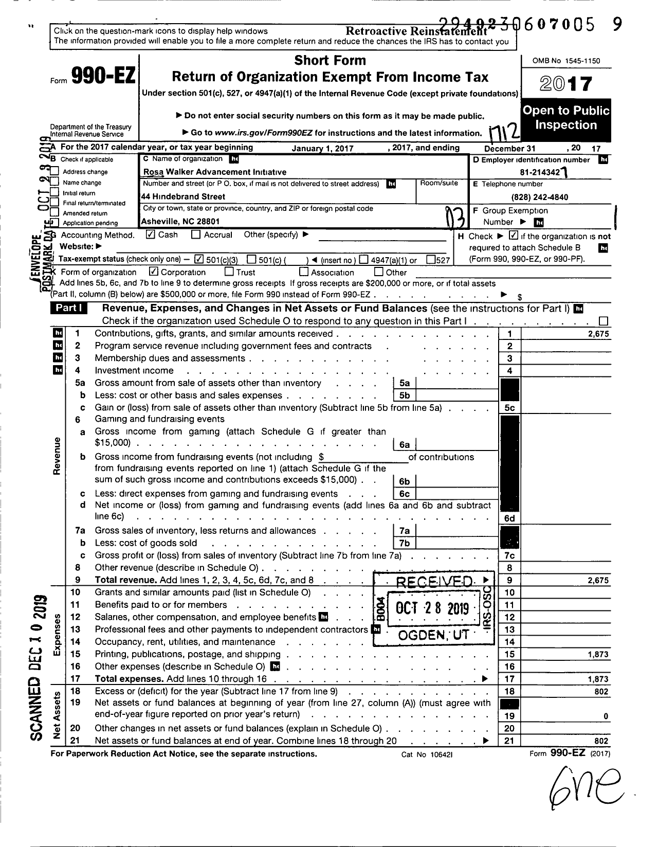 Image of first page of 2017 Form 990EZ for Rosa Walker Advancement Initiative