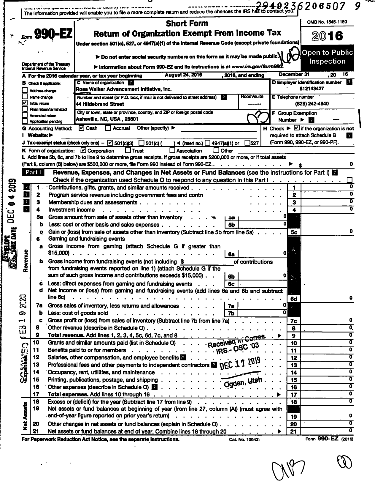 Image of first page of 2016 Form 990EZ for Rosa Walker Advancement Initiative