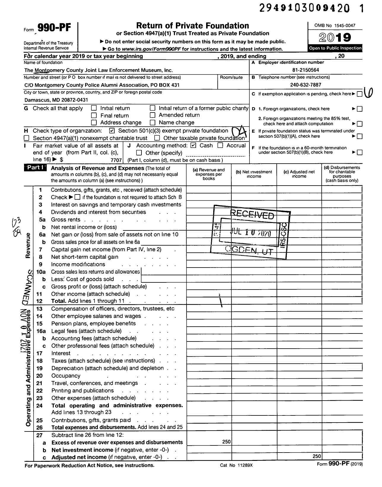 Image of first page of 2019 Form 990PF for Montgomery County Joint Law Enforcement Museum