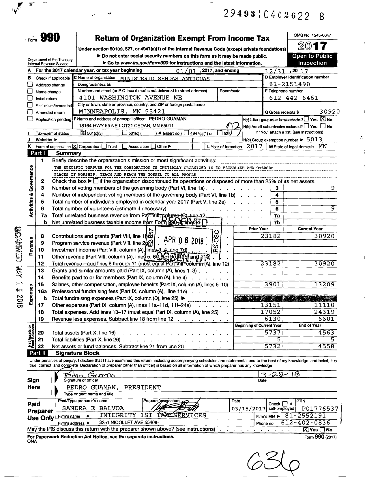 Image of first page of 2017 Form 990 for Ministerio Sendas Antiguas