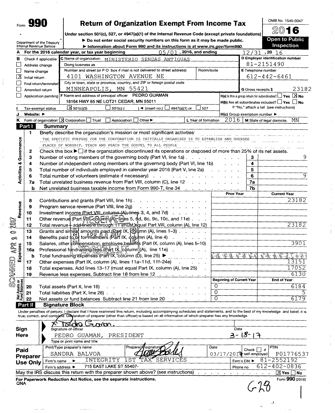 Image of first page of 2016 Form 990 for Ministerio Sendas Antiguas