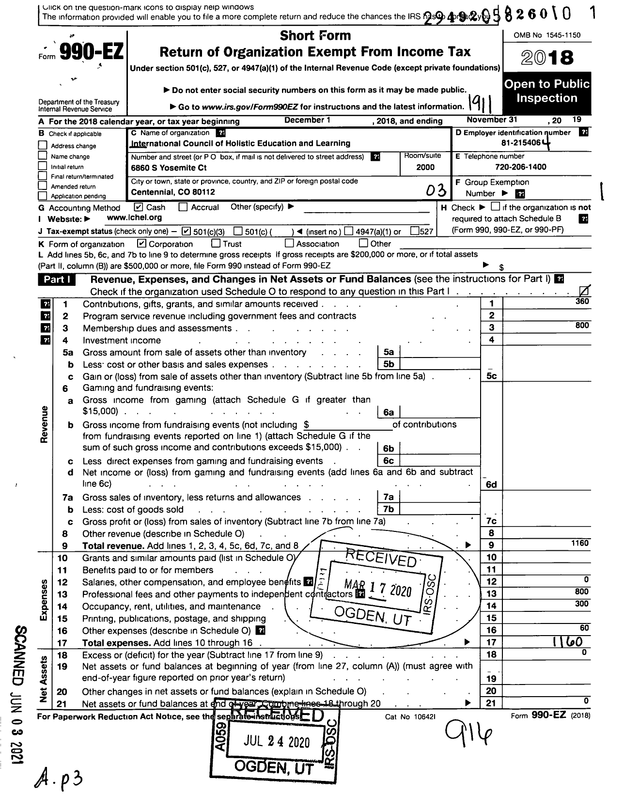 Image of first page of 2018 Form 990EZ for International Council of Holistic Education and Learning