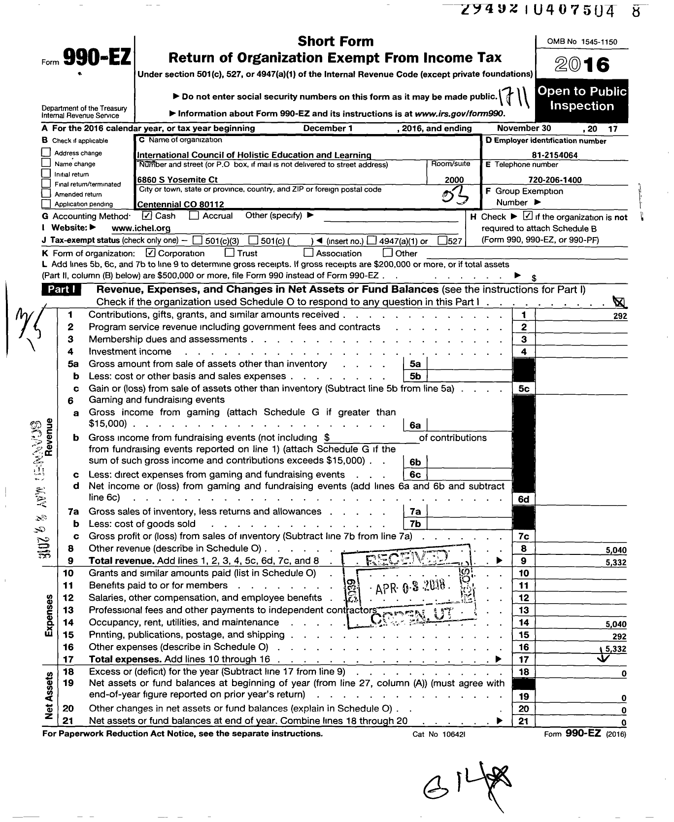 Image of first page of 2016 Form 990EZ for International Council of Holistic Education and Learning