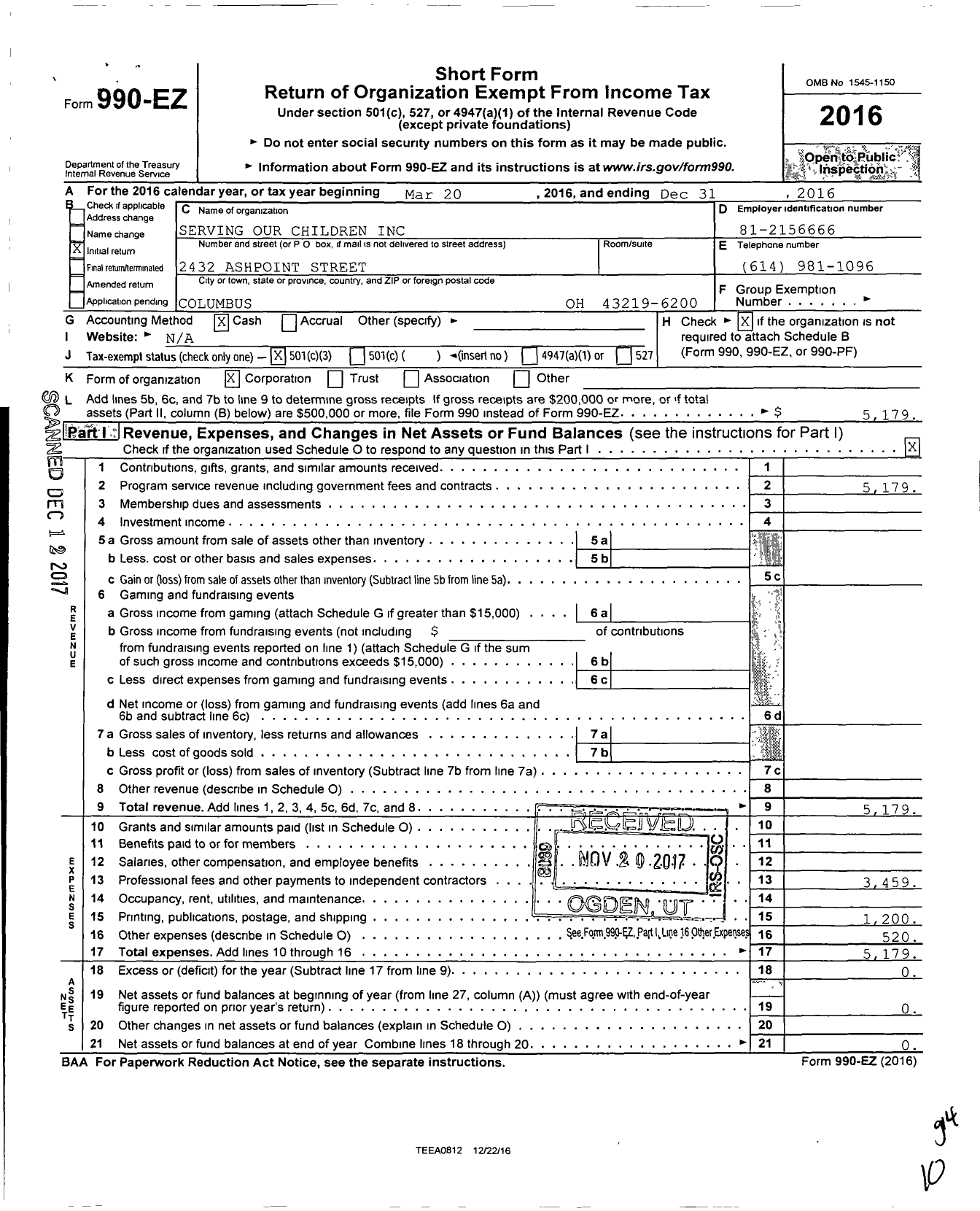 Image of first page of 2016 Form 990EZ for Serving Our Children