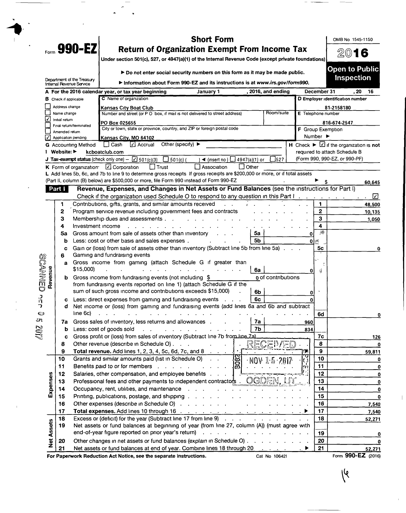 Image of first page of 2016 Form 990EZ for Kansas City Boat Club