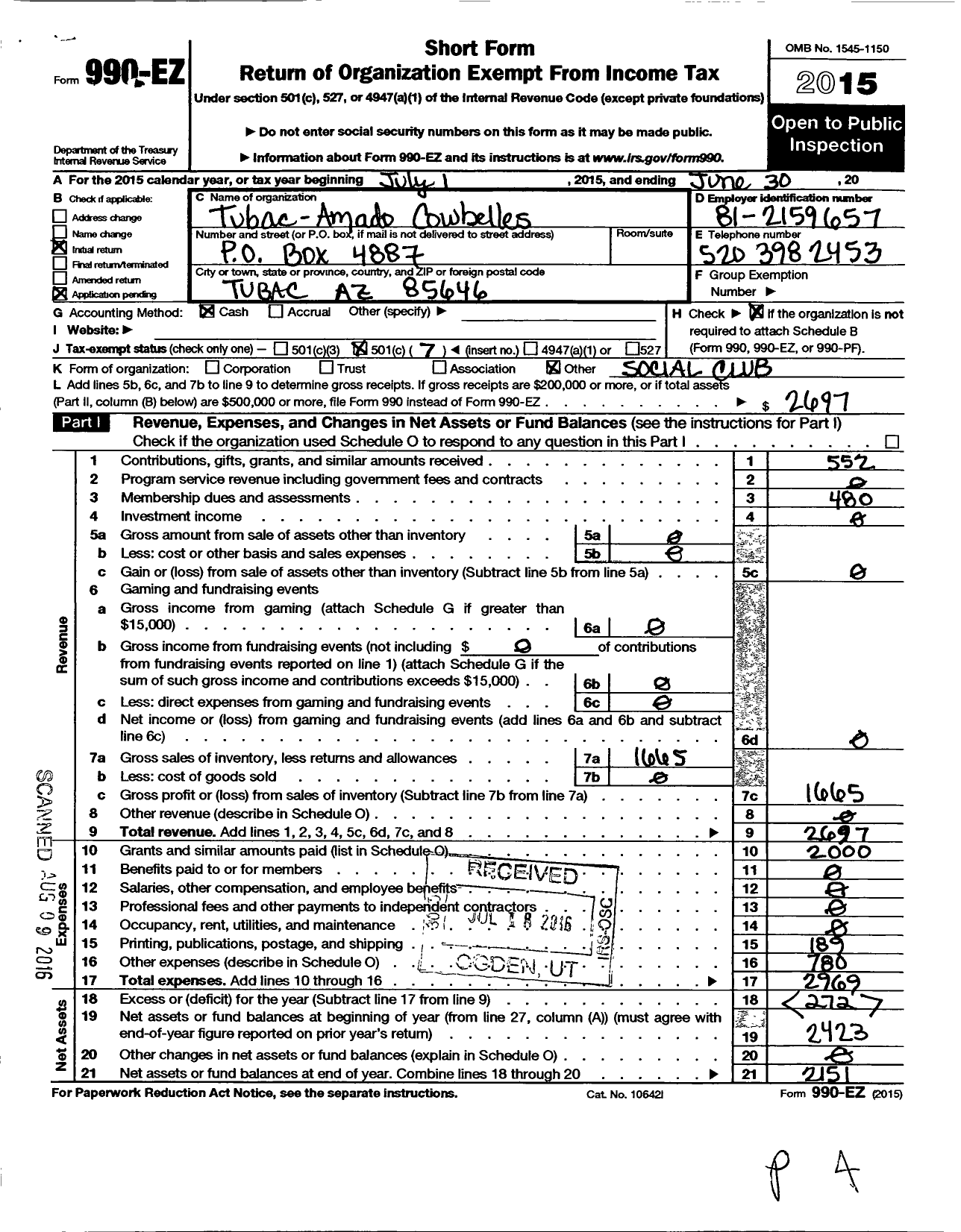 Image of first page of 2015 Form 990EO for Tubac-Amado Cowbelles