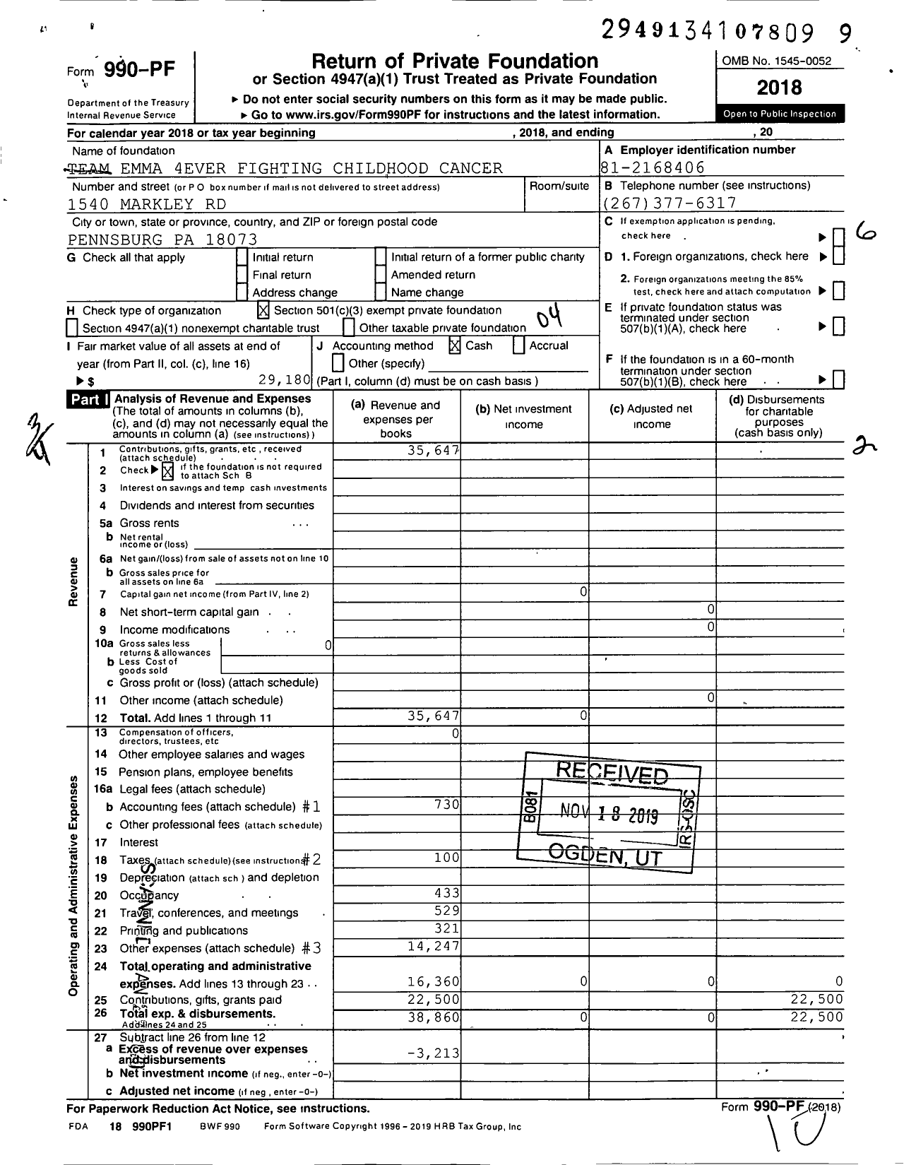 Image of first page of 2018 Form 990PF for Team Emma 4ever Fighting Childhood Cancer