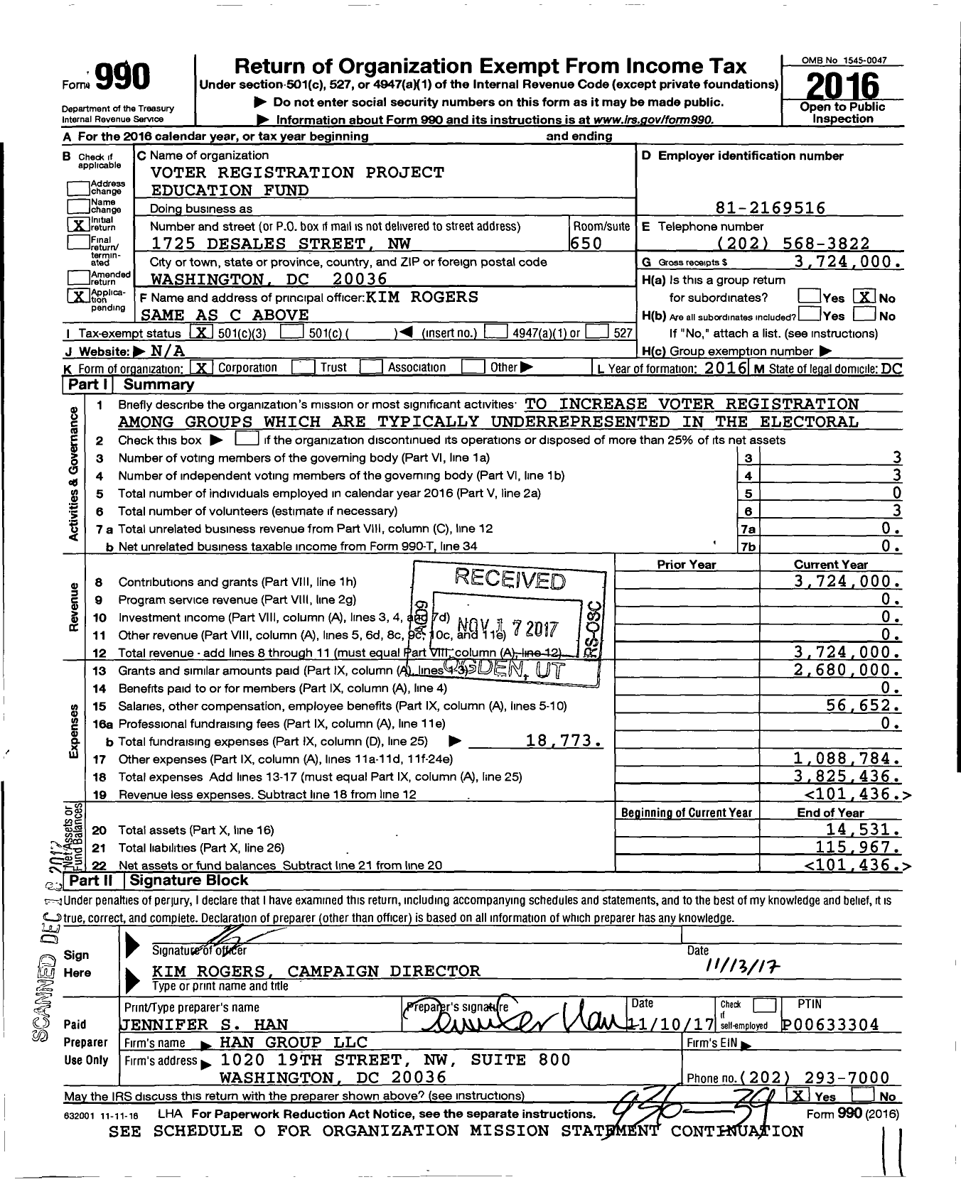 Image of first page of 2016 Form 990 for Voter Registration Project Education Fund