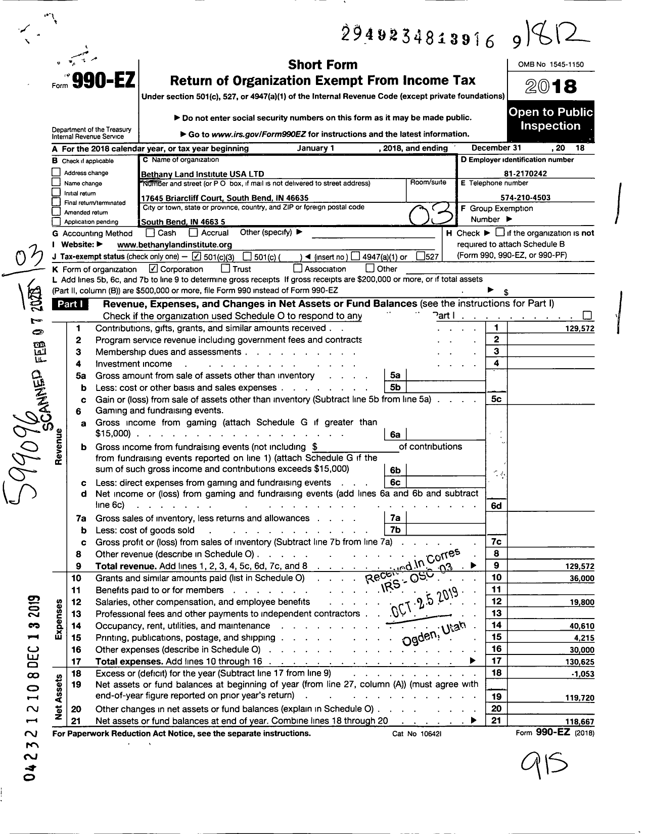 Image of first page of 2018 Form 990EZ for Bethany Land Institute USA