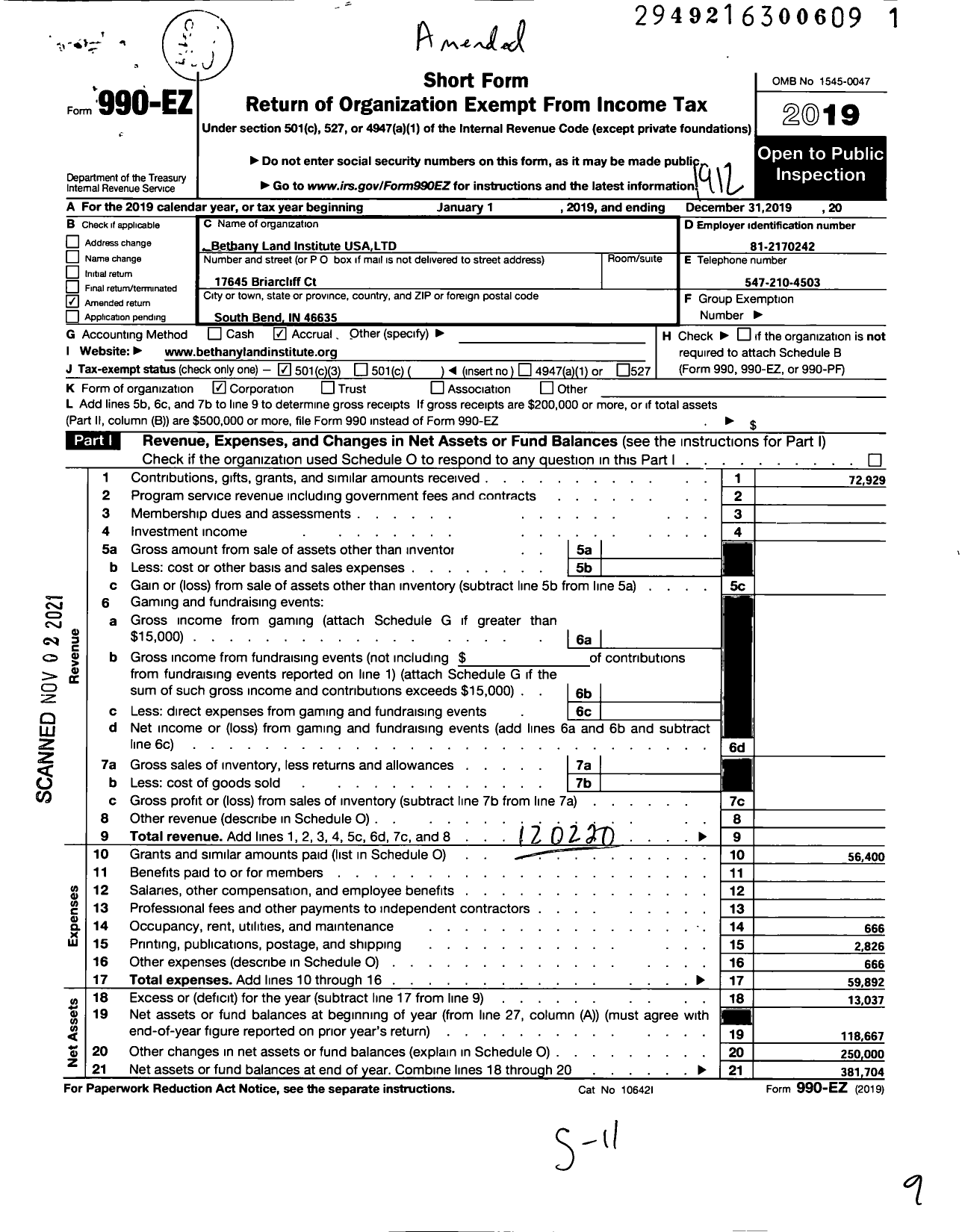 Image of first page of 2019 Form 990EZ for Bethany Land Institute USA