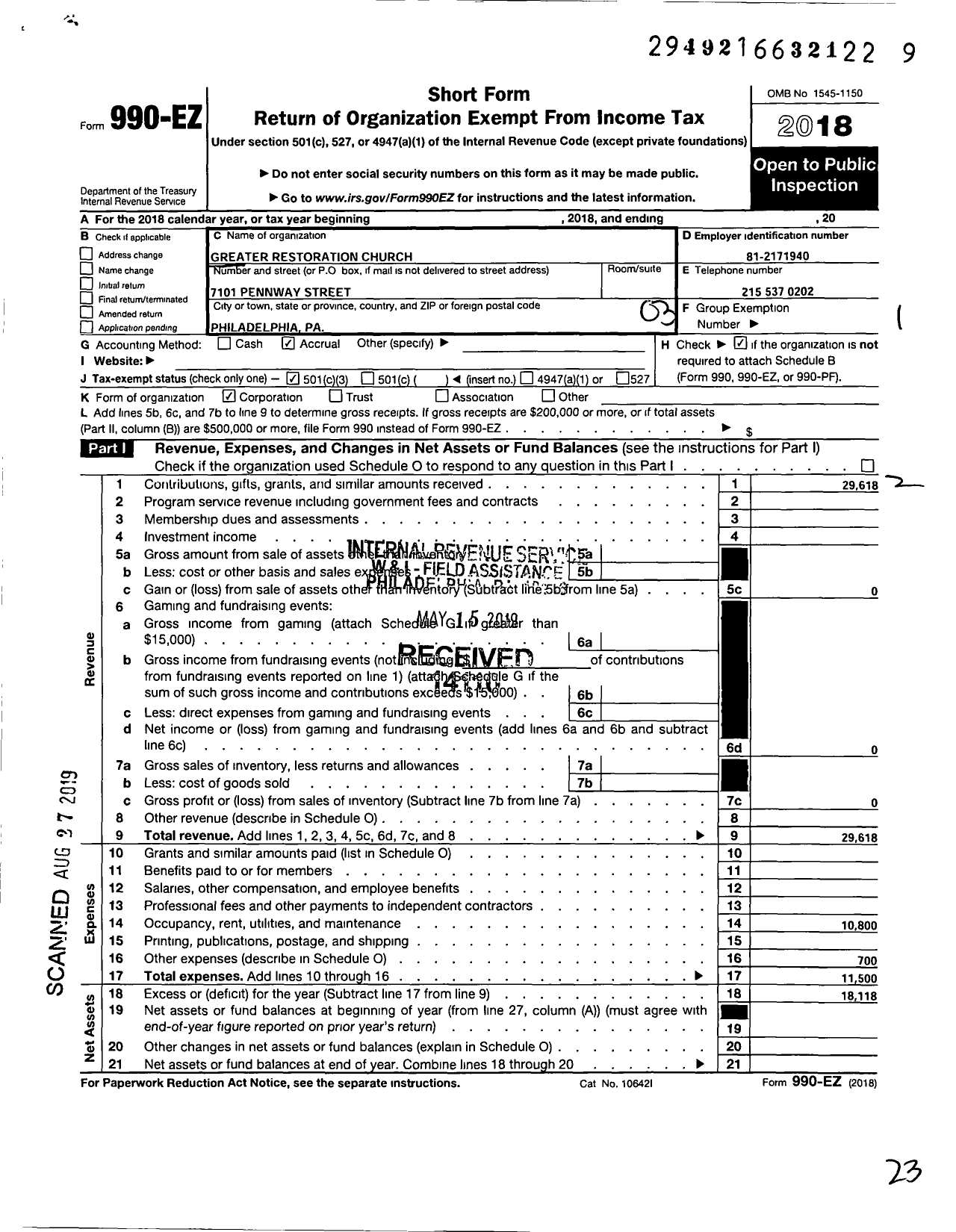 Image of first page of 2018 Form 990EZ for Greater Restoration Church