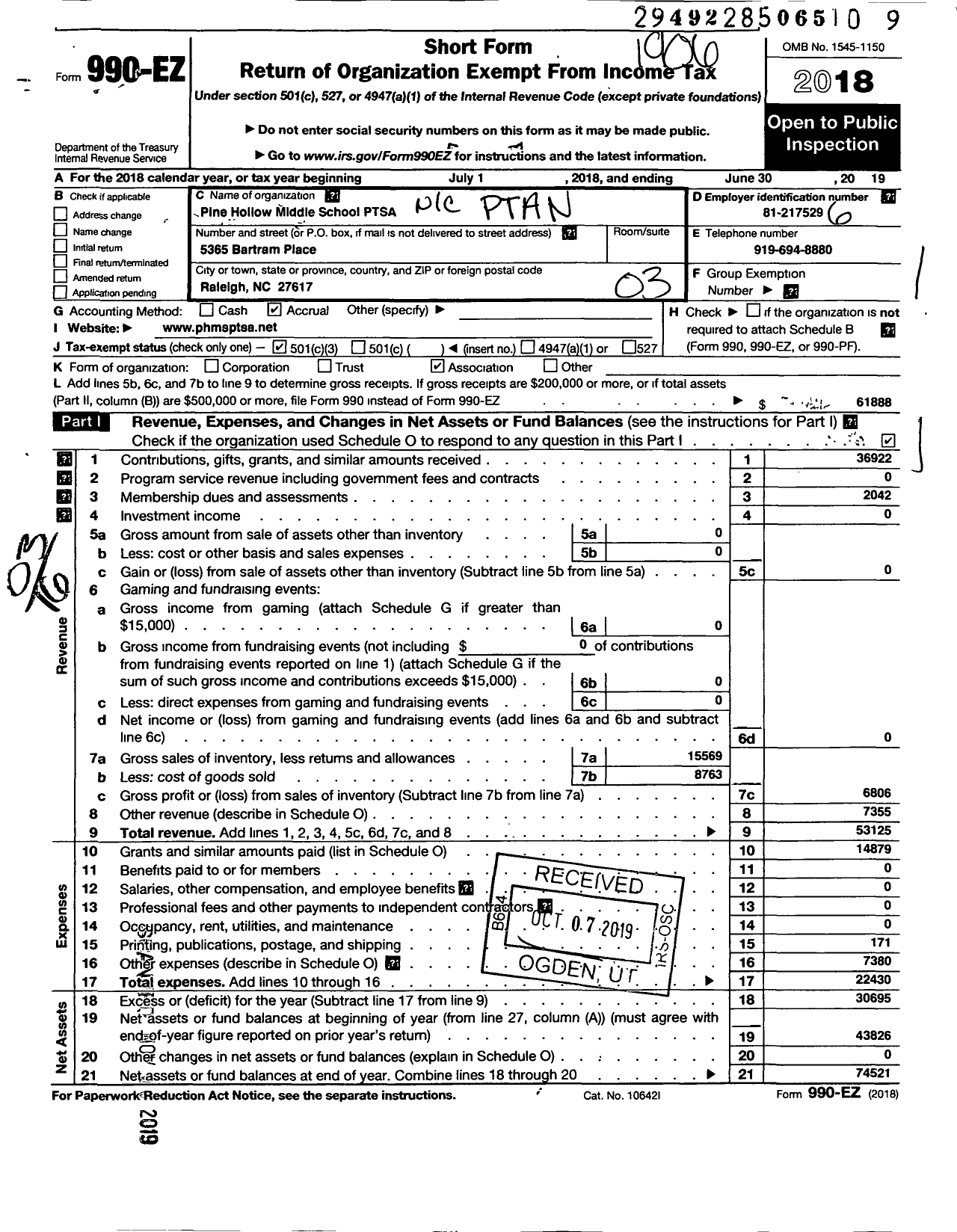 Image of first page of 2018 Form 990EZ for North Carolina PTA - Pine Hollow Middle School Ptsa