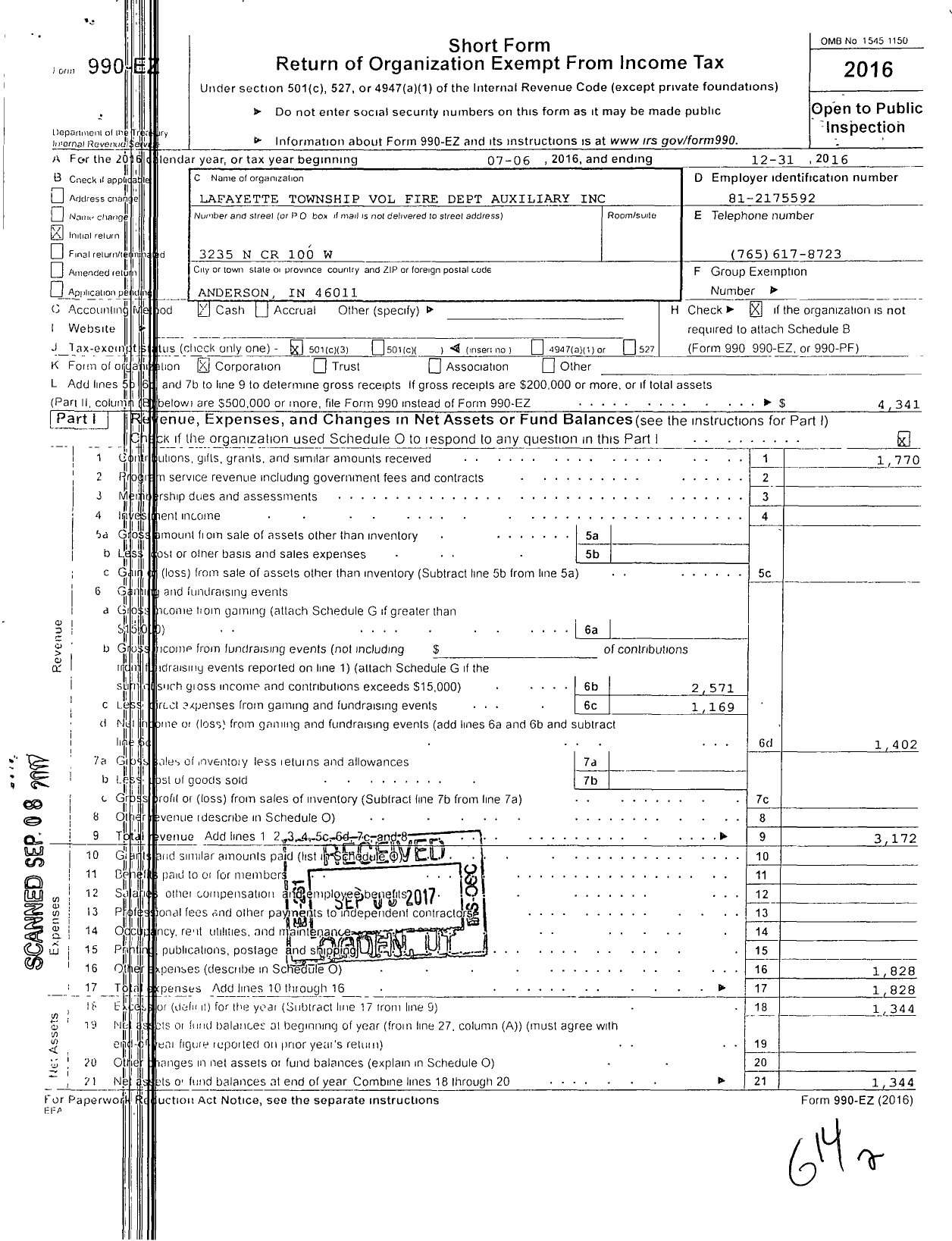 Image of first page of 2016 Form 990EZ for Lafayette Township Volunteer Fire Department Auxiliary