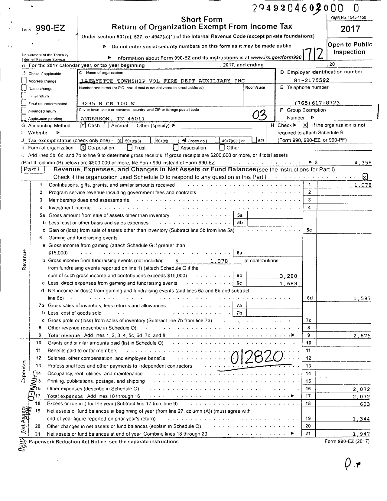 Image of first page of 2017 Form 990EZ for Lafayette Township Volunteer Fire Department Auxiliary