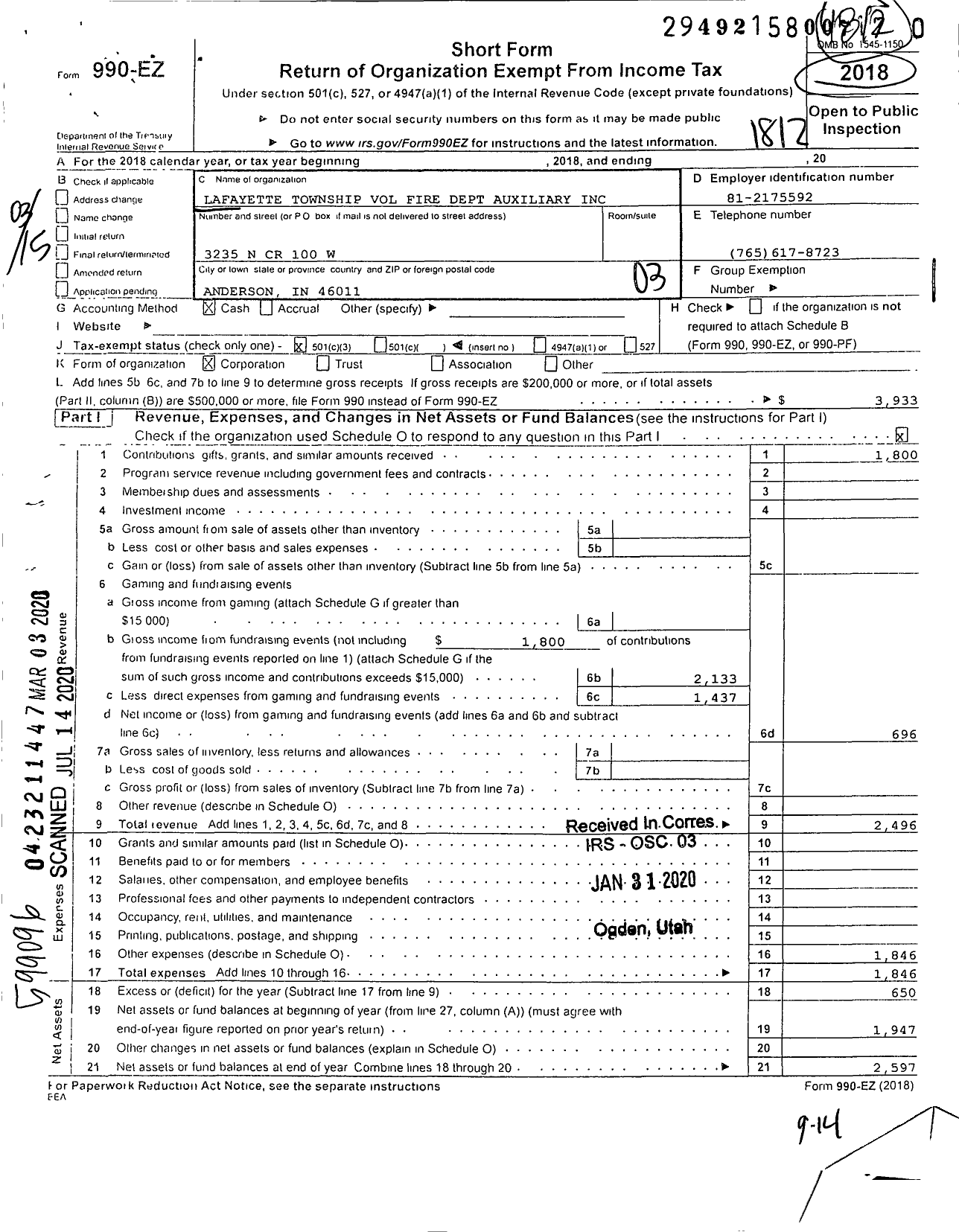 Image of first page of 2018 Form 990EZ for Lafayette Township Volunteer Fire Department Auxiliary