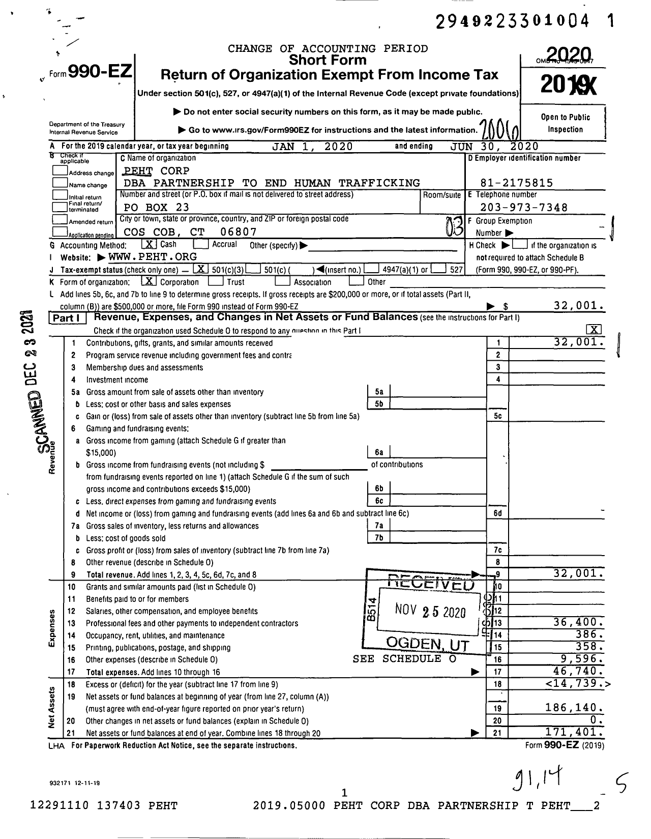 Image of first page of 2019 Form 990EZ for Global Peht Corp Partnership To End Human Trafficking