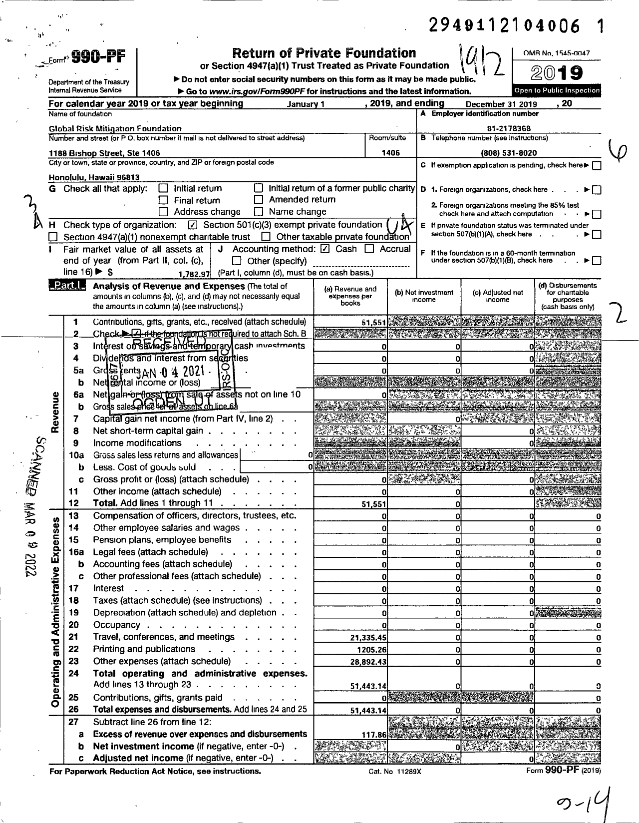 Image of first page of 2019 Form 990PF for Global Risk Mitigation Foundation