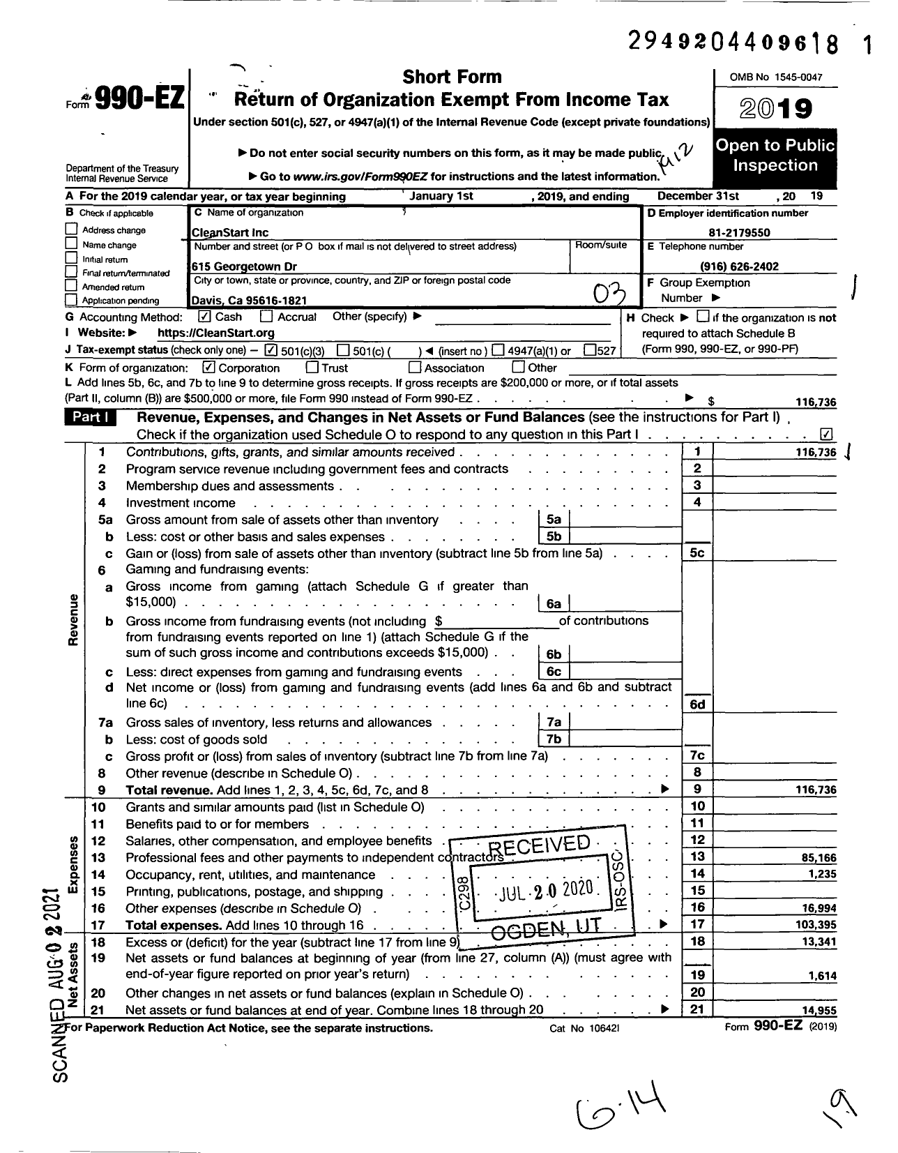 Image of first page of 2019 Form 990EZ for Cleanstart