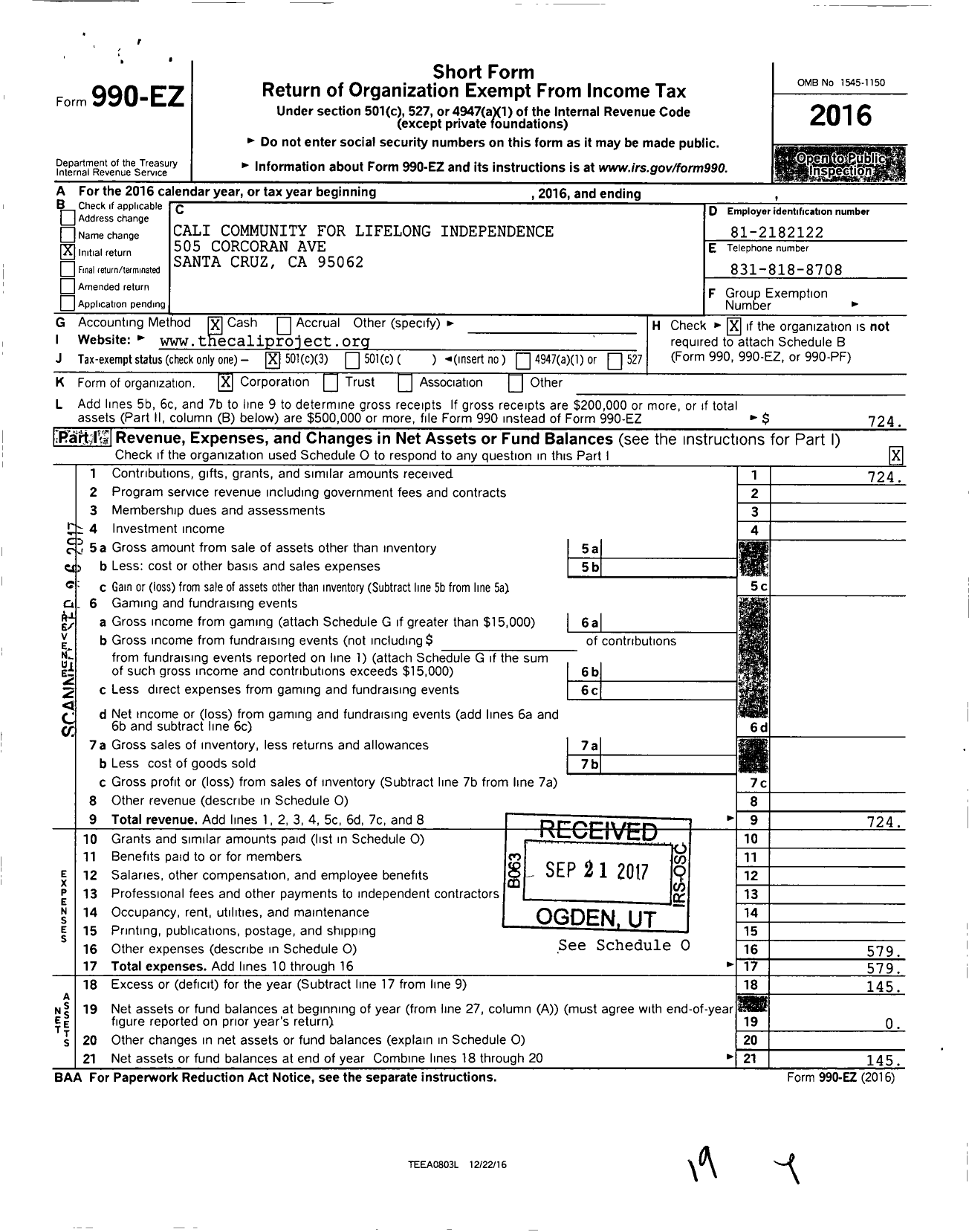 Image of first page of 2016 Form 990EZ for Community Alliance for Lifelong Independence