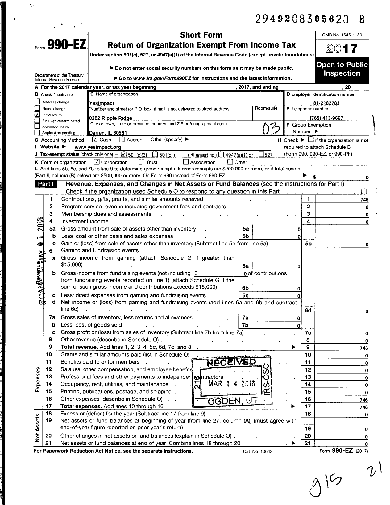 Image of first page of 2017 Form 990EZ for Yesimpact