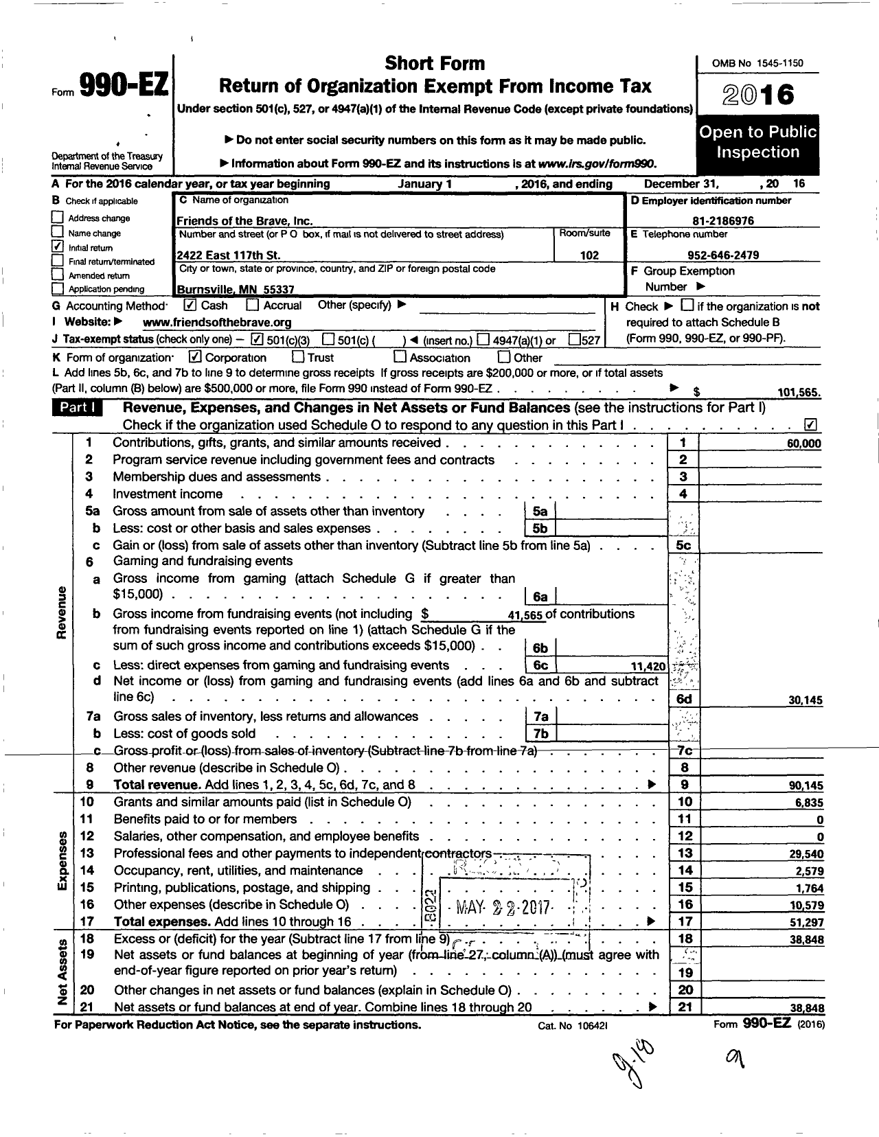 Image of first page of 2016 Form 990EZ for Friends of the Brave