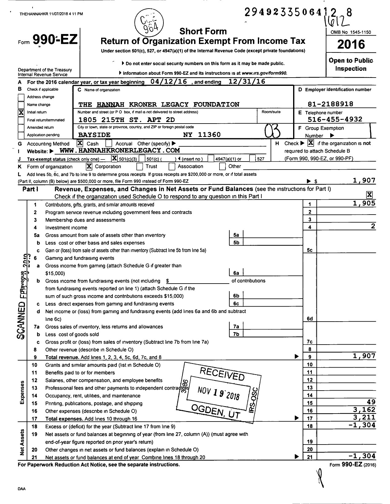 Image of first page of 2016 Form 990EZ for The Hannah Kroner Legacy Foundation