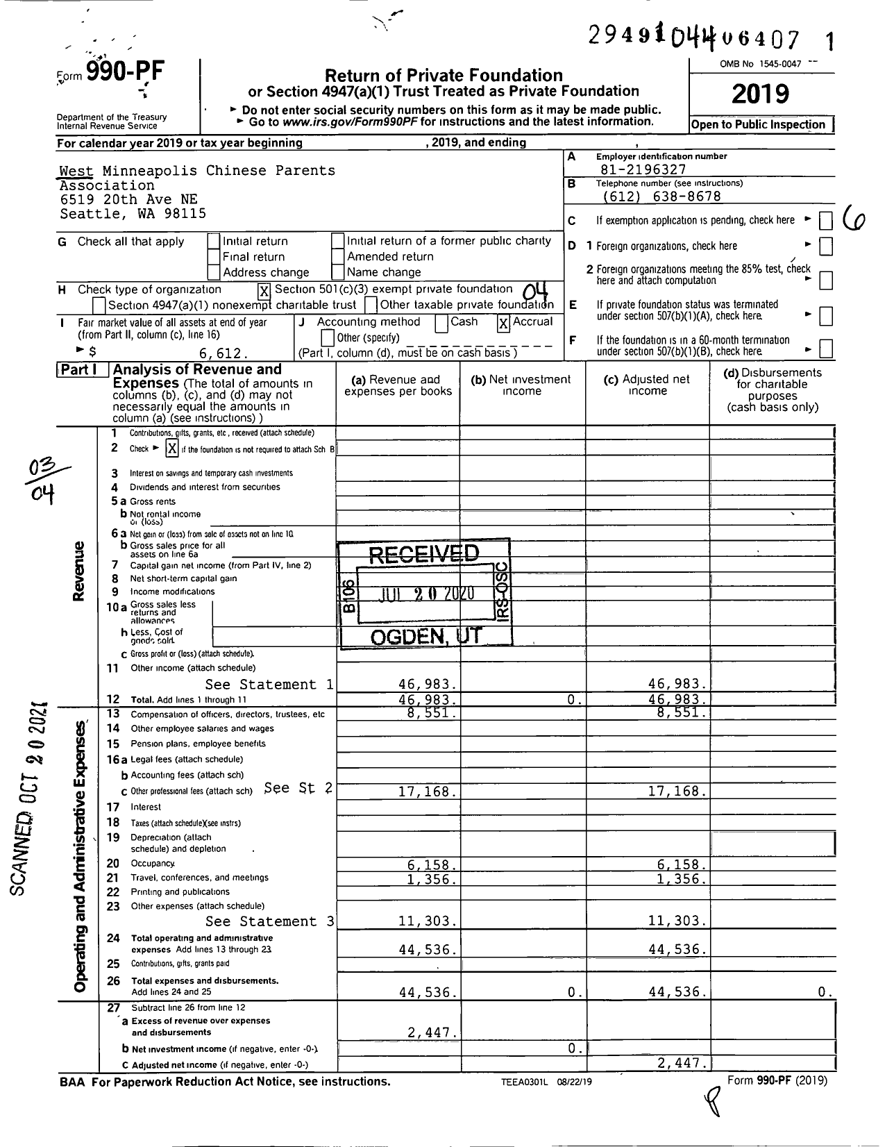 Image of first page of 2019 Form 990PF for West Minneapolis Chinese Parents Association