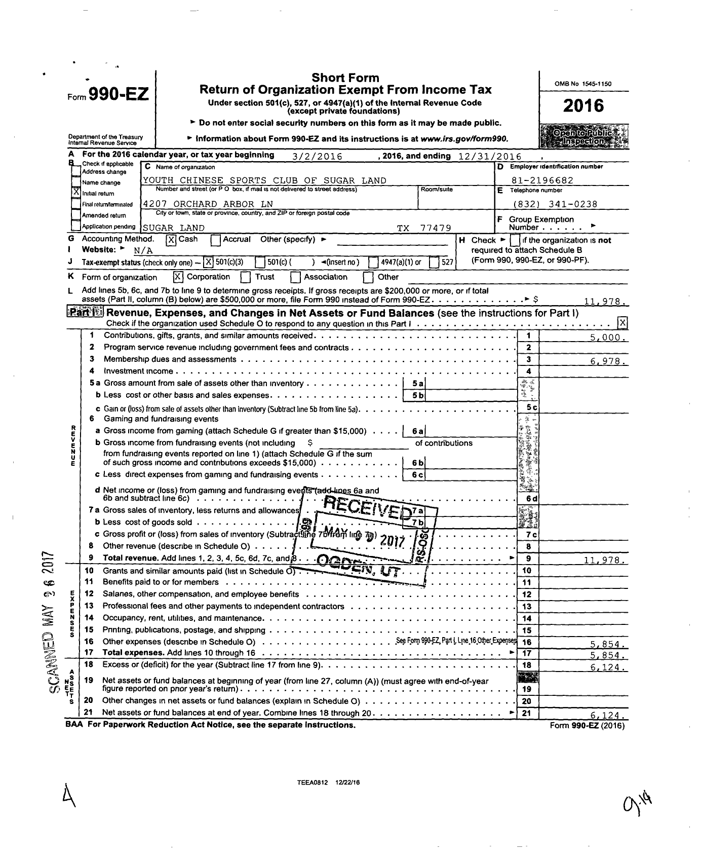 Image of first page of 2016 Form 990EZ for Sugar Land Youth Soccer Club