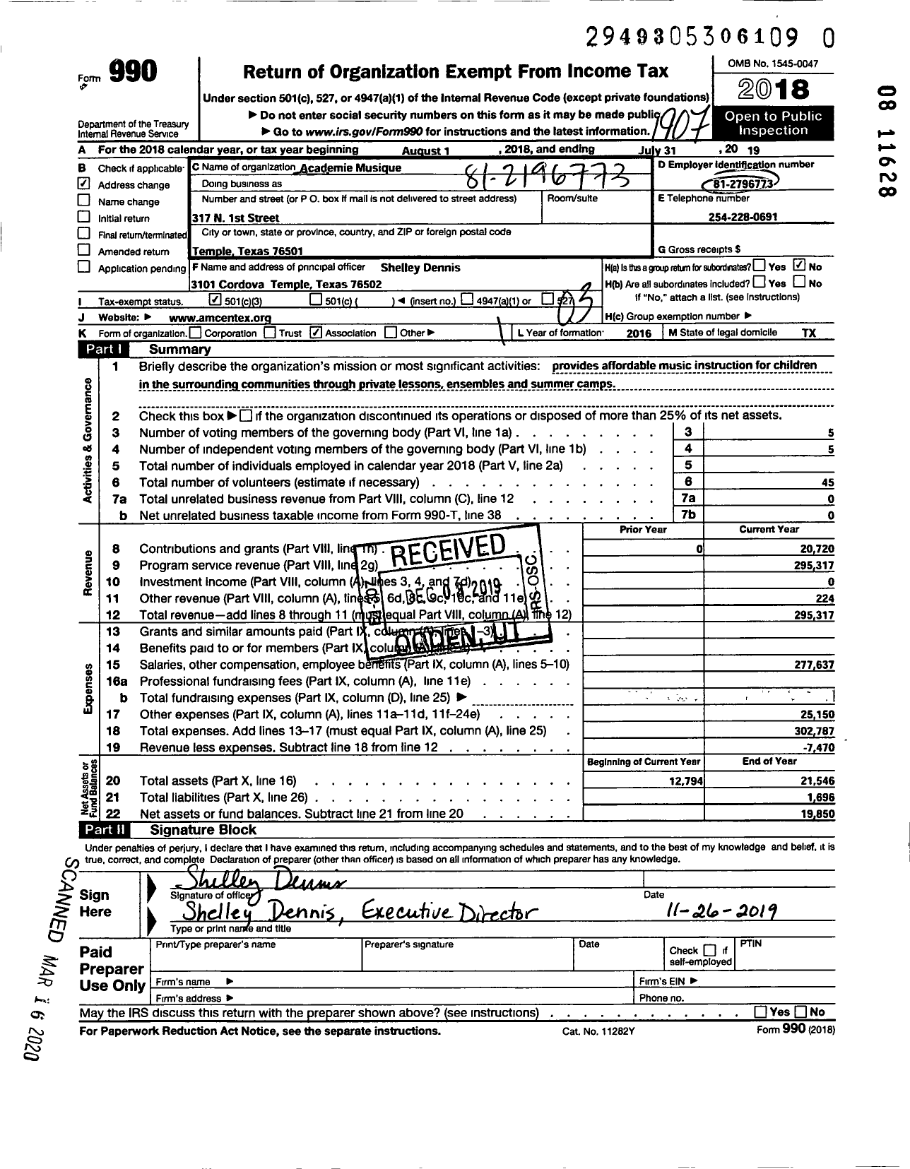 Image of first page of 2018 Form 990 for Academie Musique