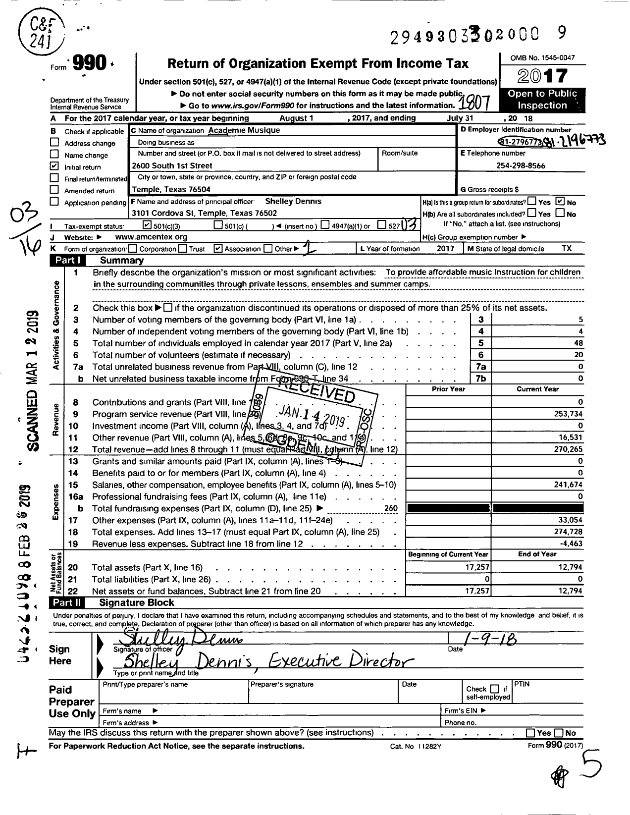 Image of first page of 2017 Form 990 for Academie Musique