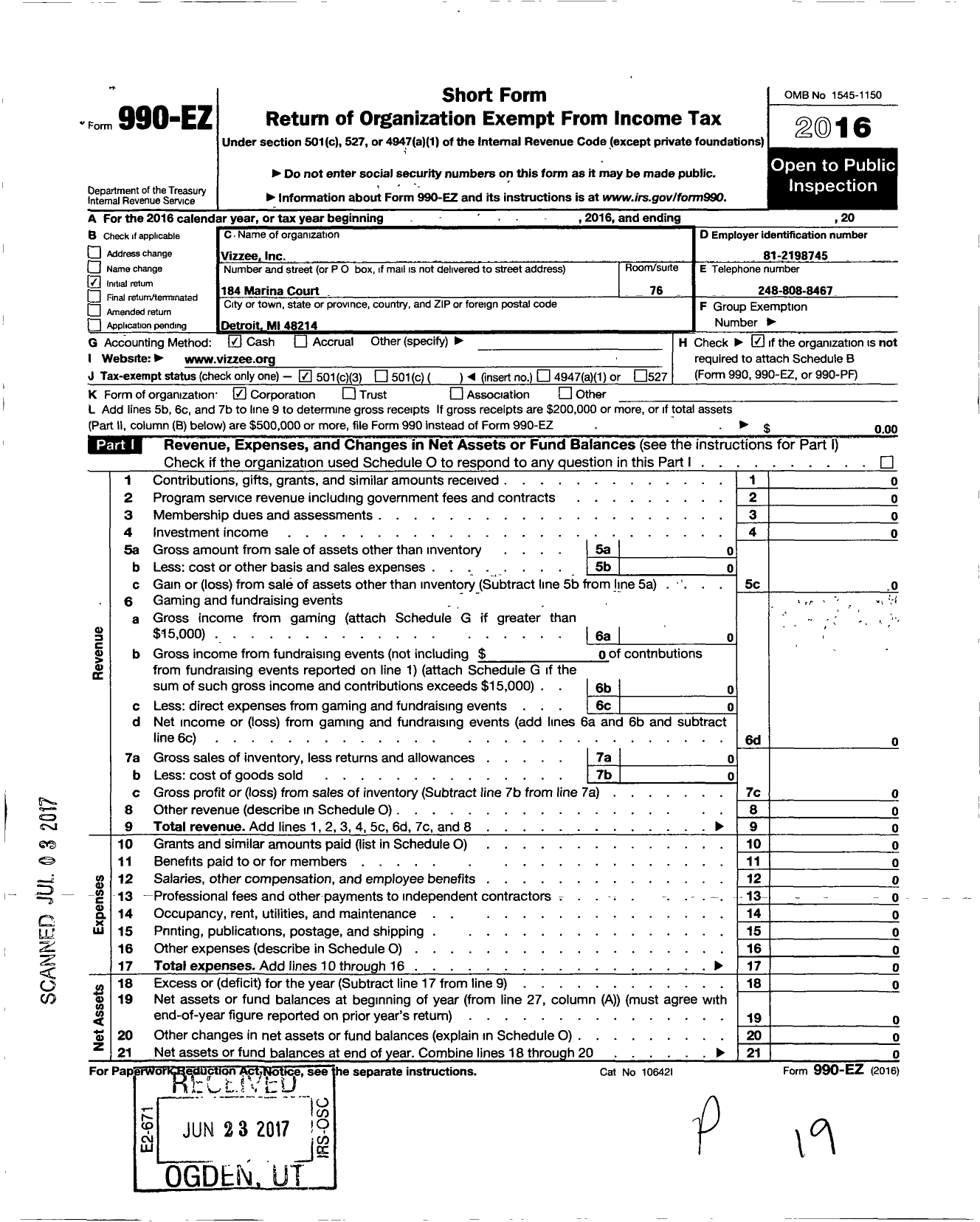 Image of first page of 2016 Form 990EZ for Detroit Hives