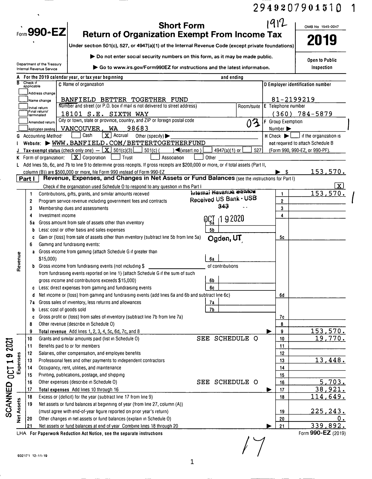 Image of first page of 2019 Form 990EZ for Banfield Better Together Fund