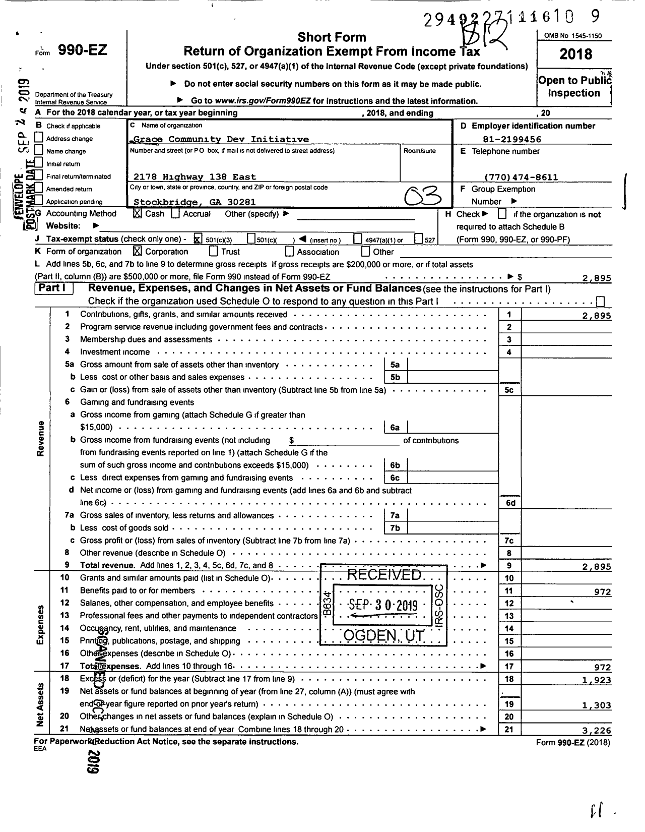 Image of first page of 2018 Form 990EZ for Grace Community Development Initiative