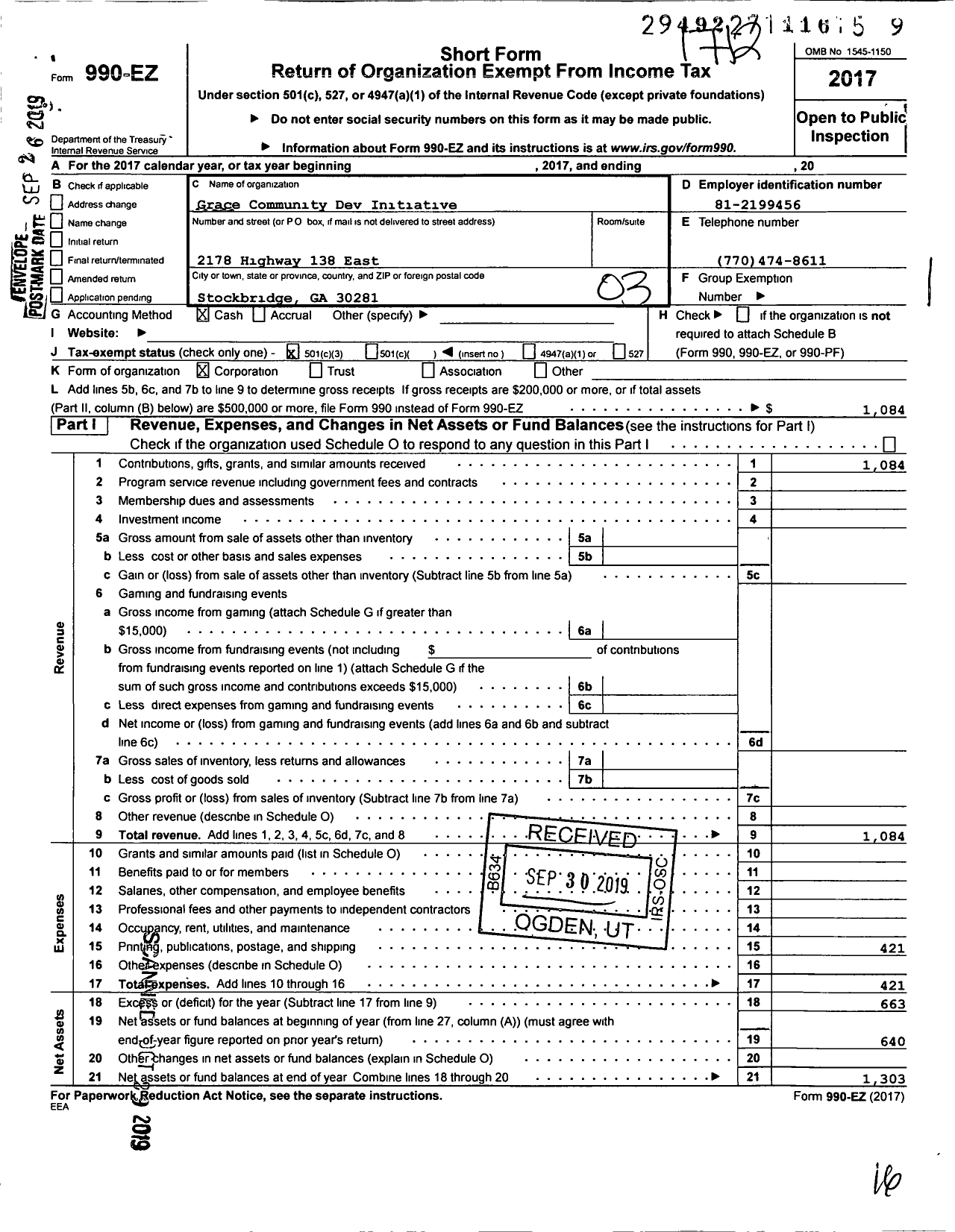 Image of first page of 2017 Form 990EZ for Grace Community Development Initiative