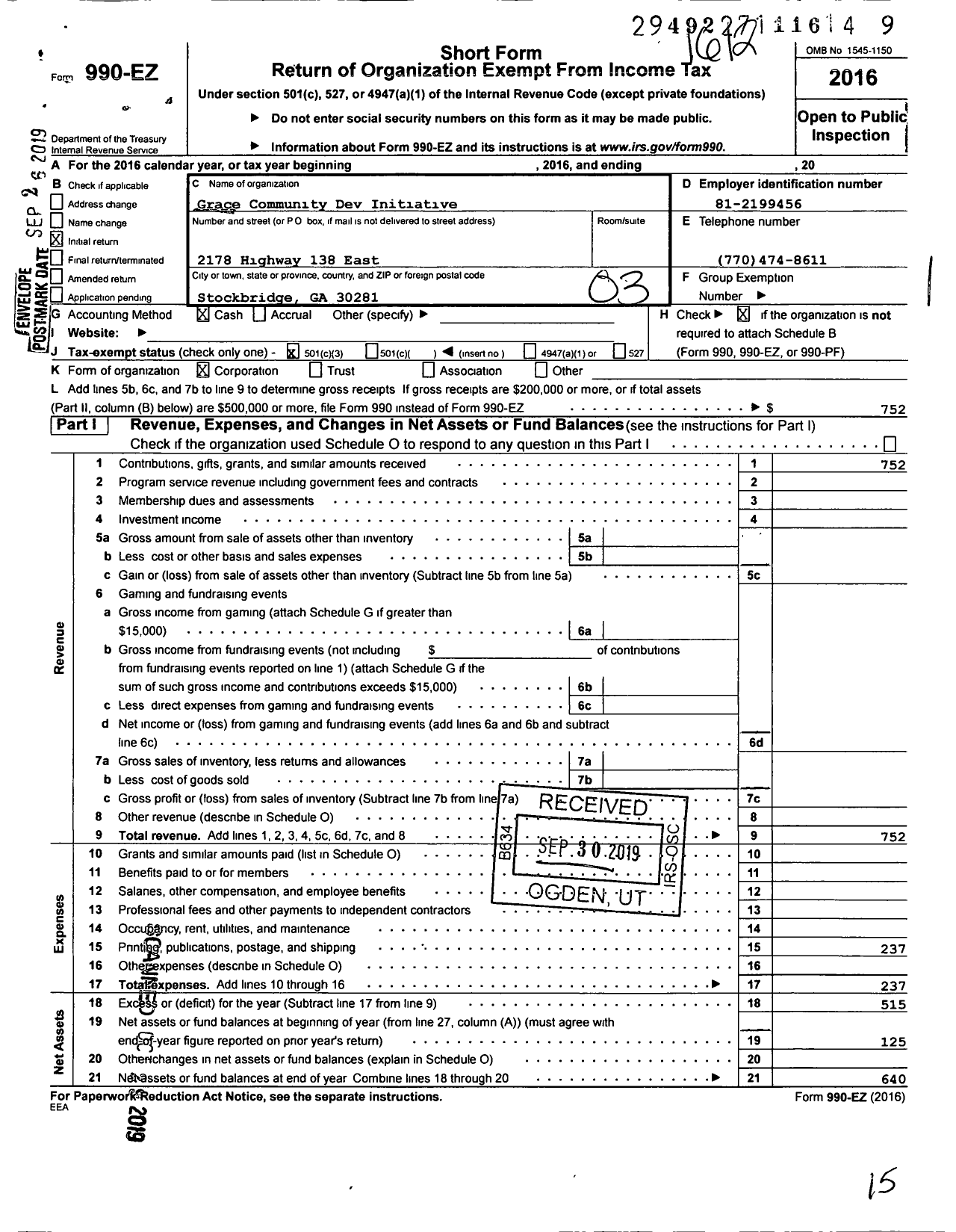 Image of first page of 2016 Form 990EZ for Grace Community Development Initiative