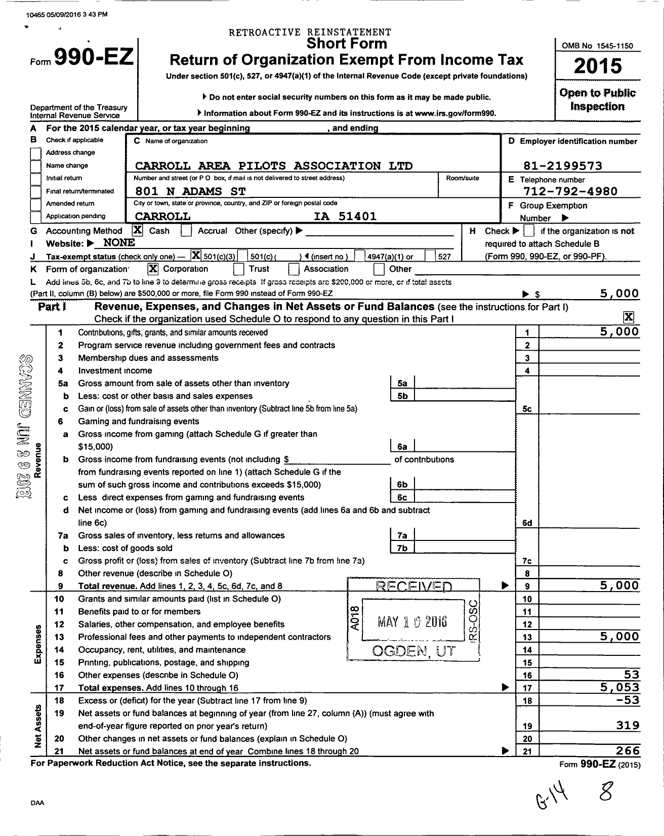 Image of first page of 2015 Form 990EZ for Carroll Area Pilots Association