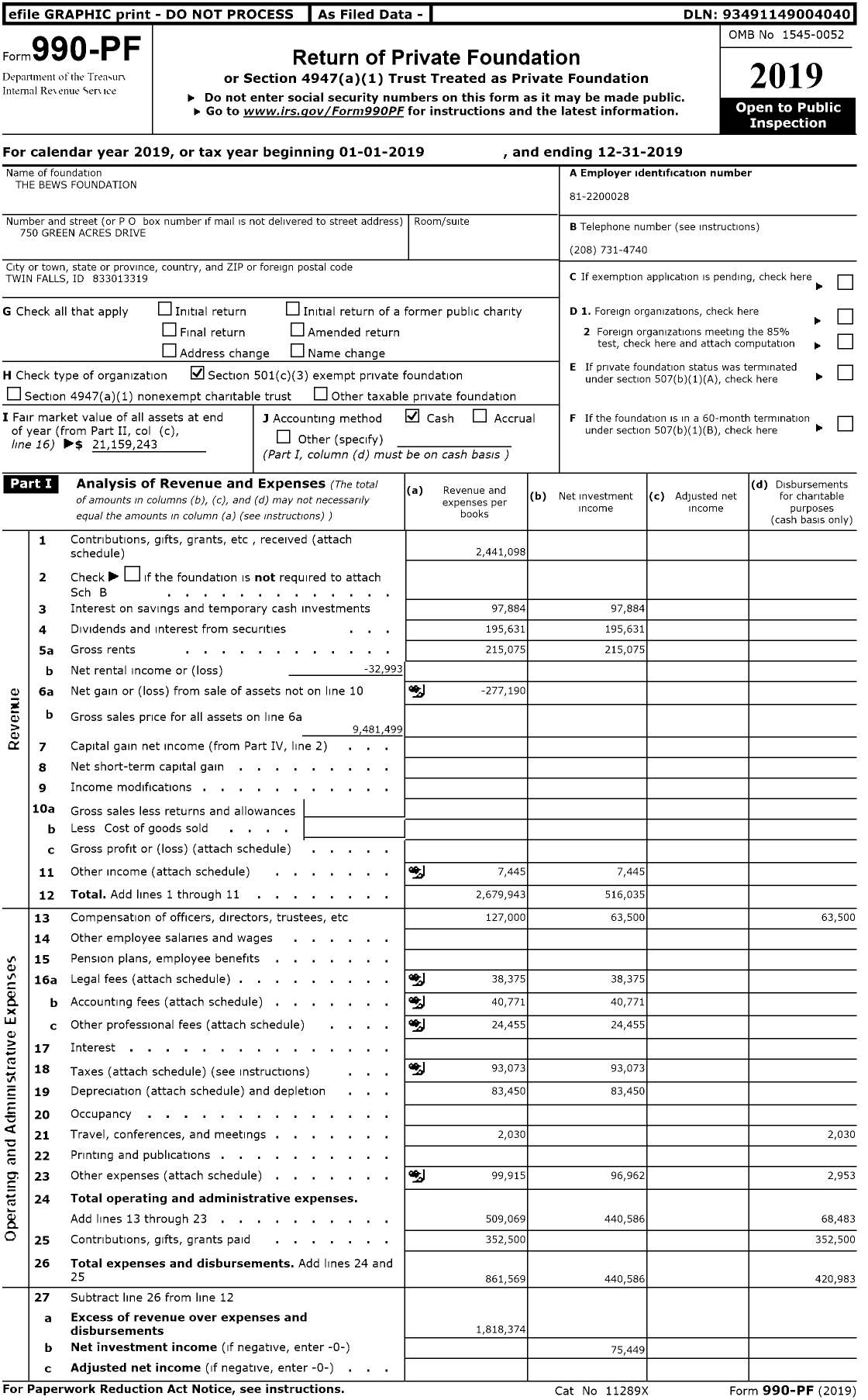 Image of first page of 2019 Form 990PR for The Bews Foundation