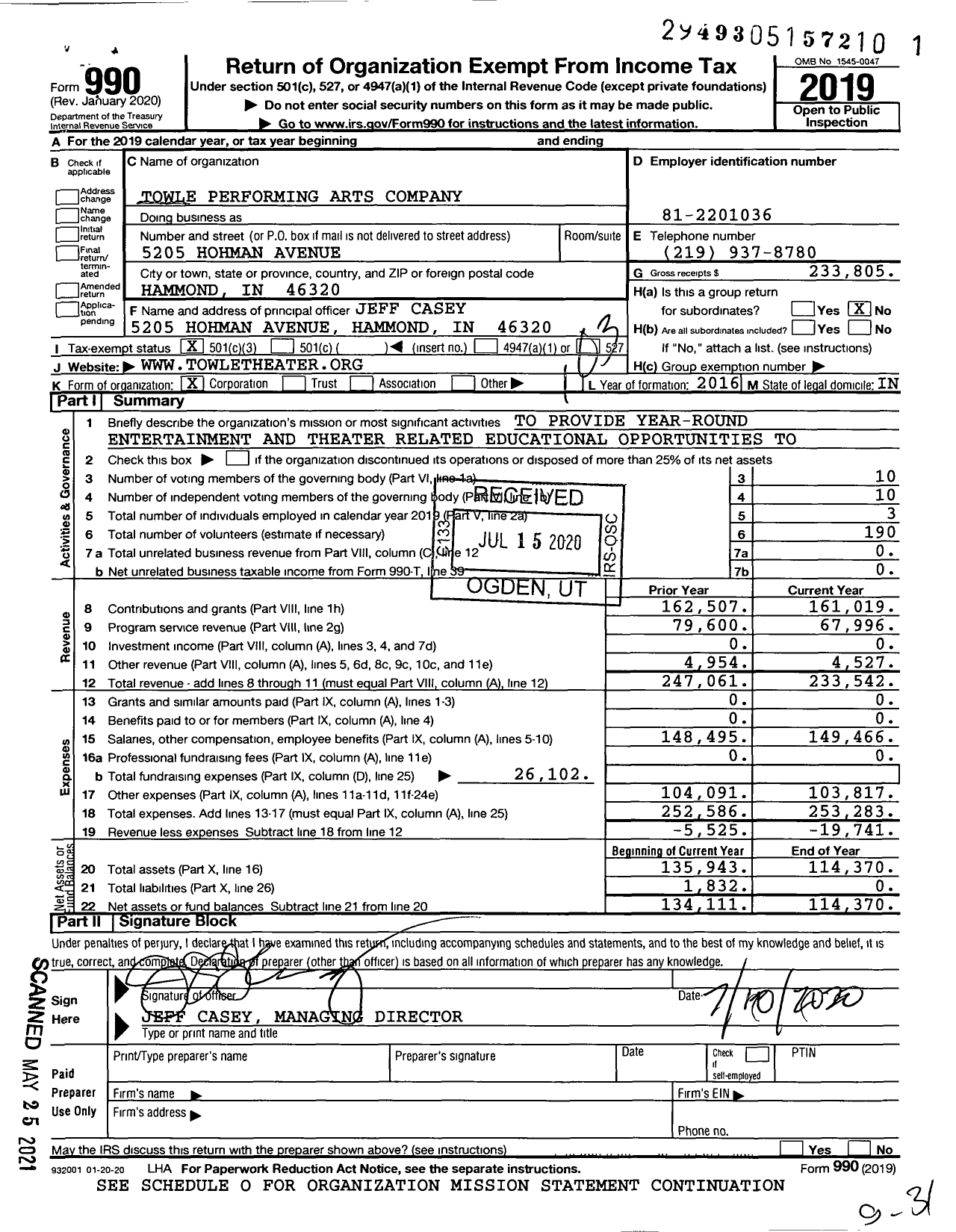 Image of first page of 2019 Form 990 for Towle Performing Arts Company