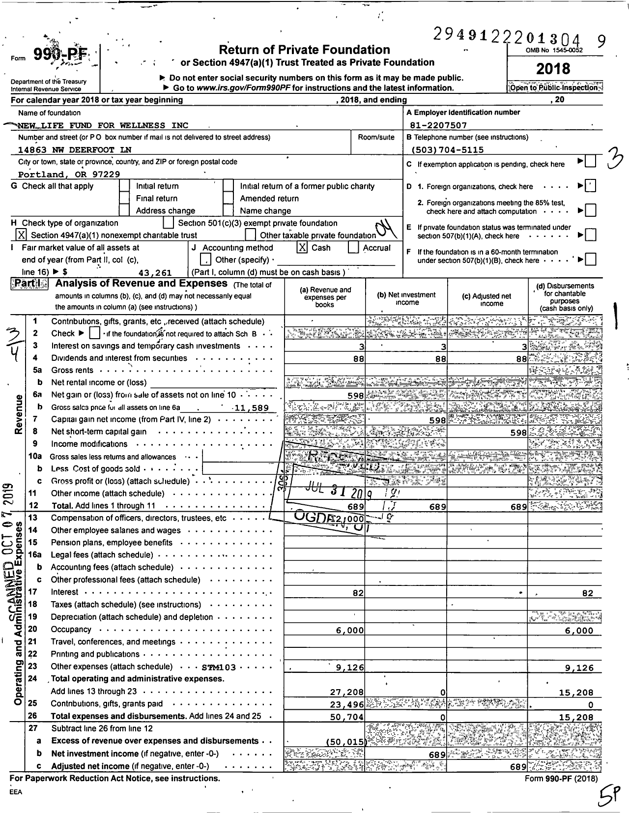 Image of first page of 2018 Form 990PF for New Life Fund for Wellness