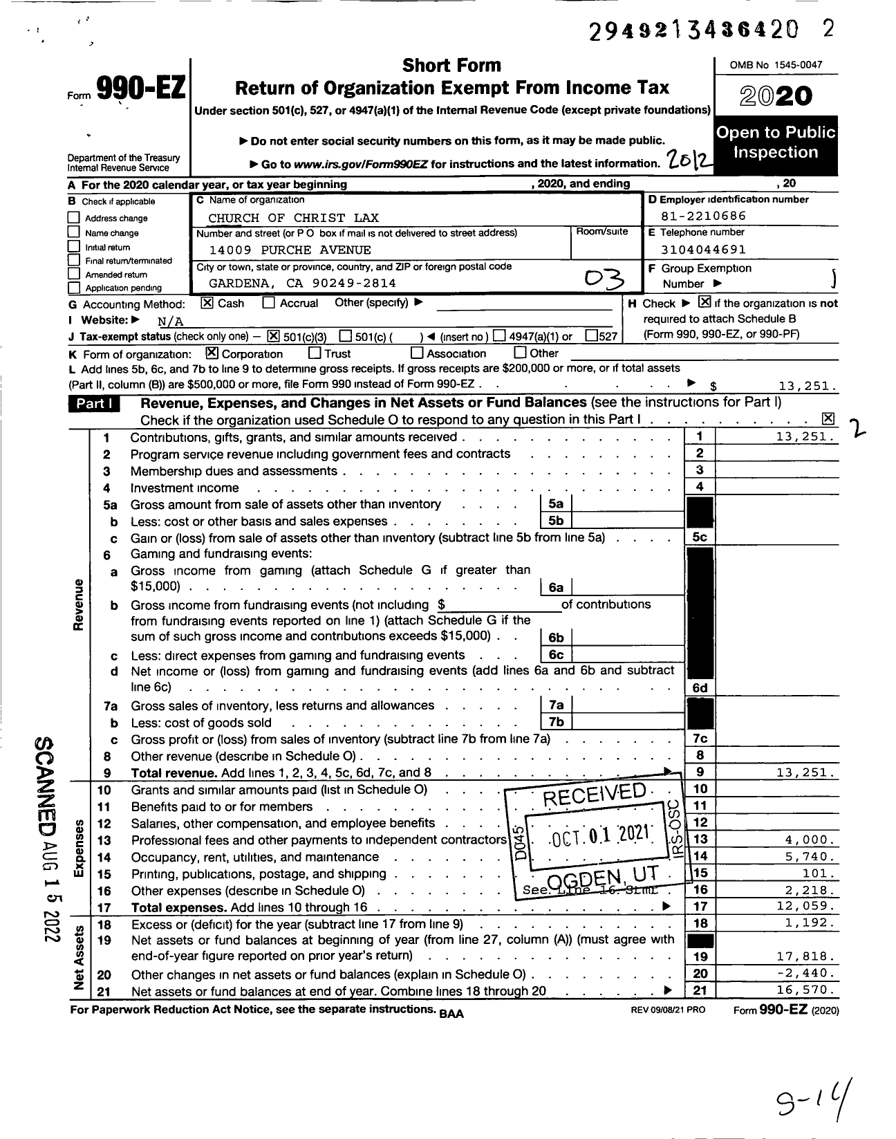 Image of first page of 2020 Form 990EZ for Church of Christ