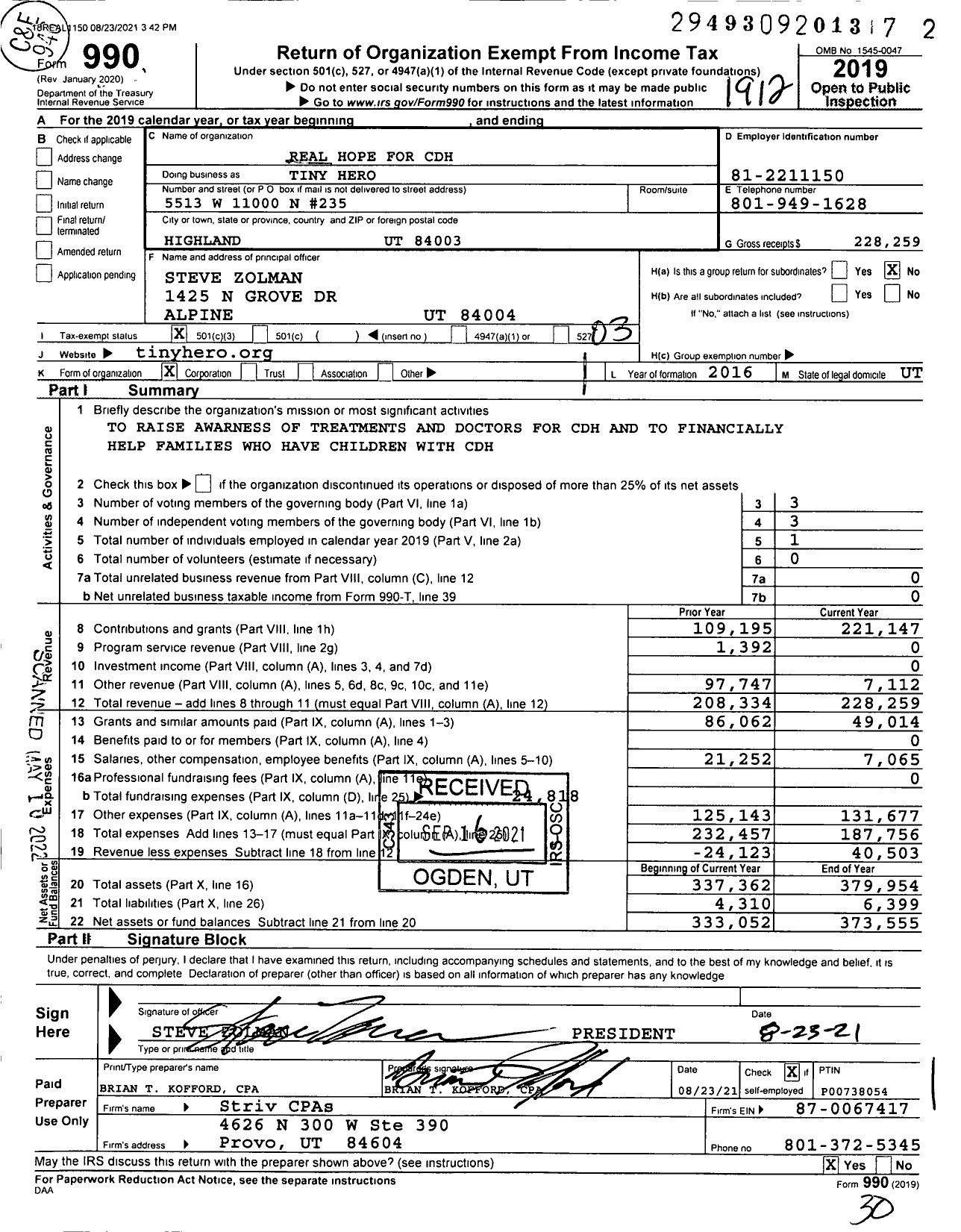 Image of first page of 2019 Form 990 for Real Hope for CDH