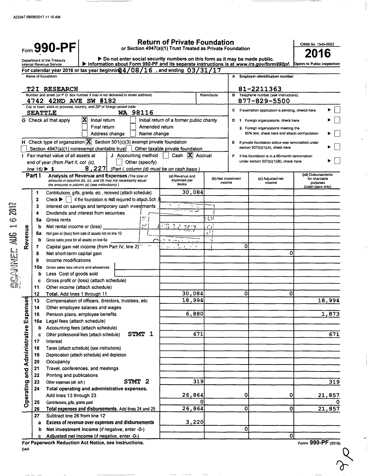 Image of first page of 2016 Form 990PF for T2i Research