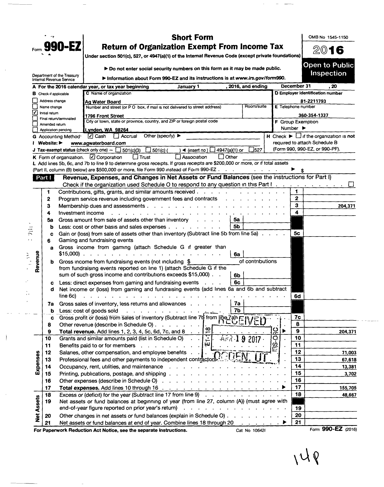 Image of first page of 2016 Form 990EO for Ag Water Board