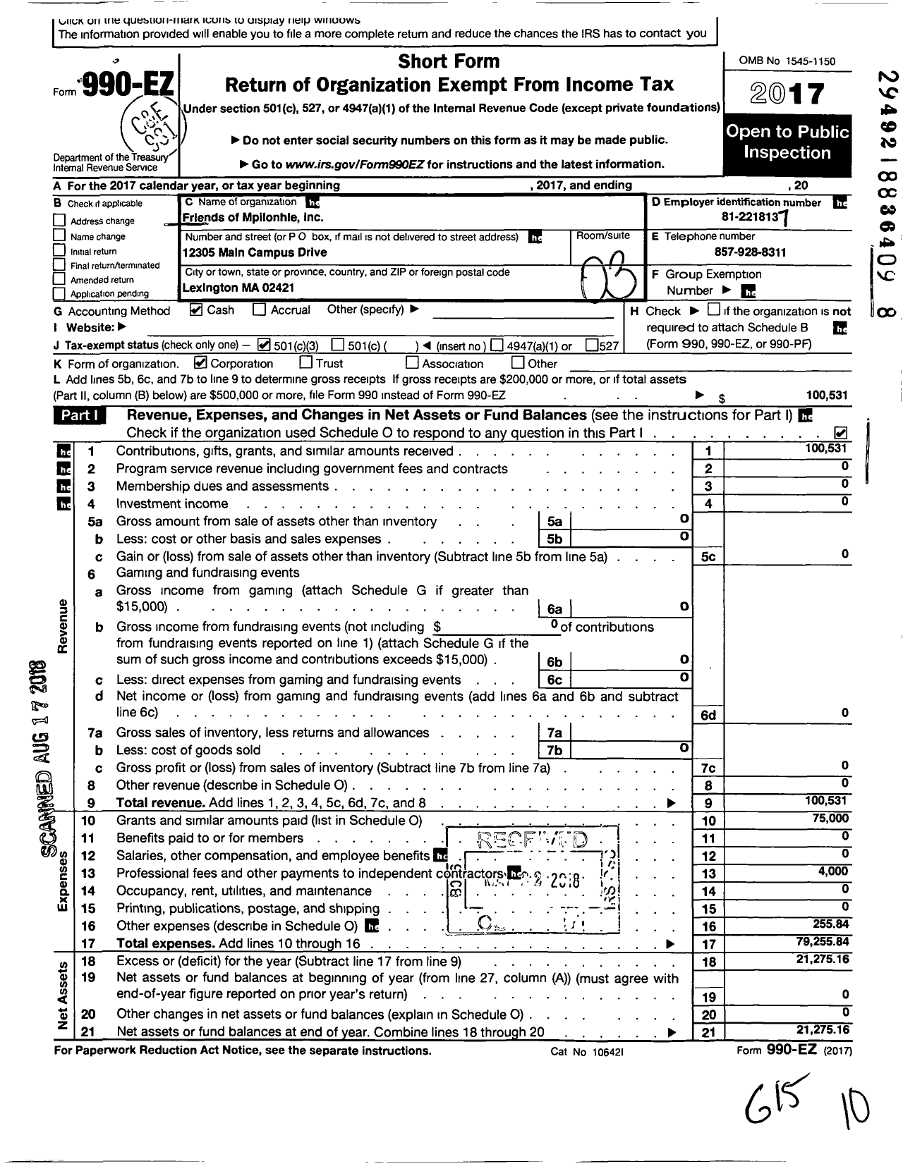 Image of first page of 2017 Form 990EZ for Friends of Mpilonhle