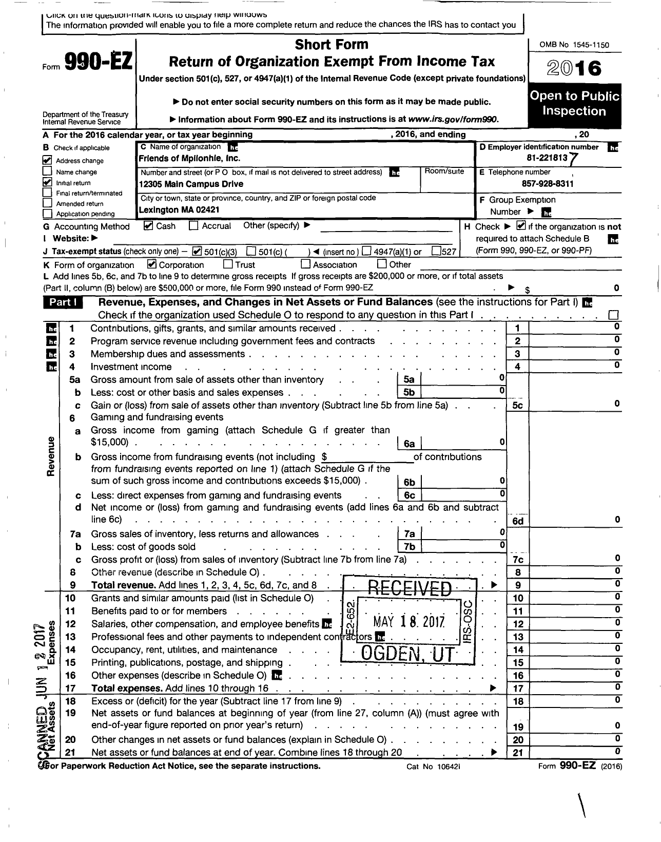 Image of first page of 2016 Form 990EZ for Friends of Mpilonhle