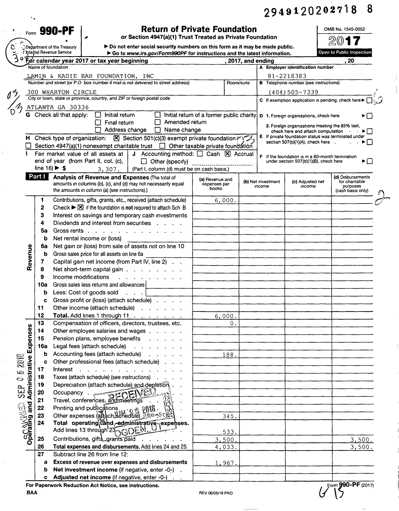 Image of first page of 2017 Form 990PF for Lamin and Kadie Bah Foundation