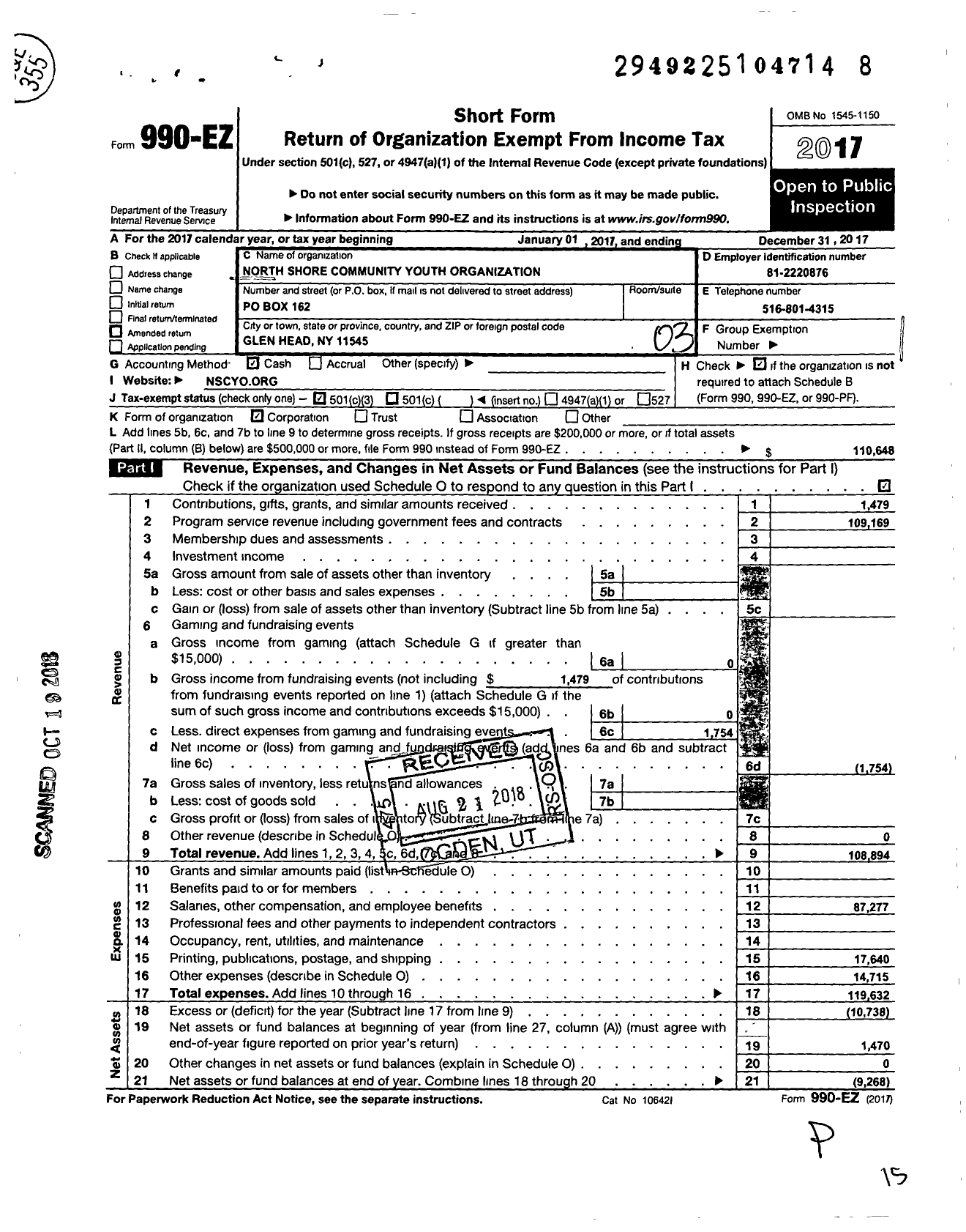 Image of first page of 2017 Form 990EZ for North Shore Community Youth Organization