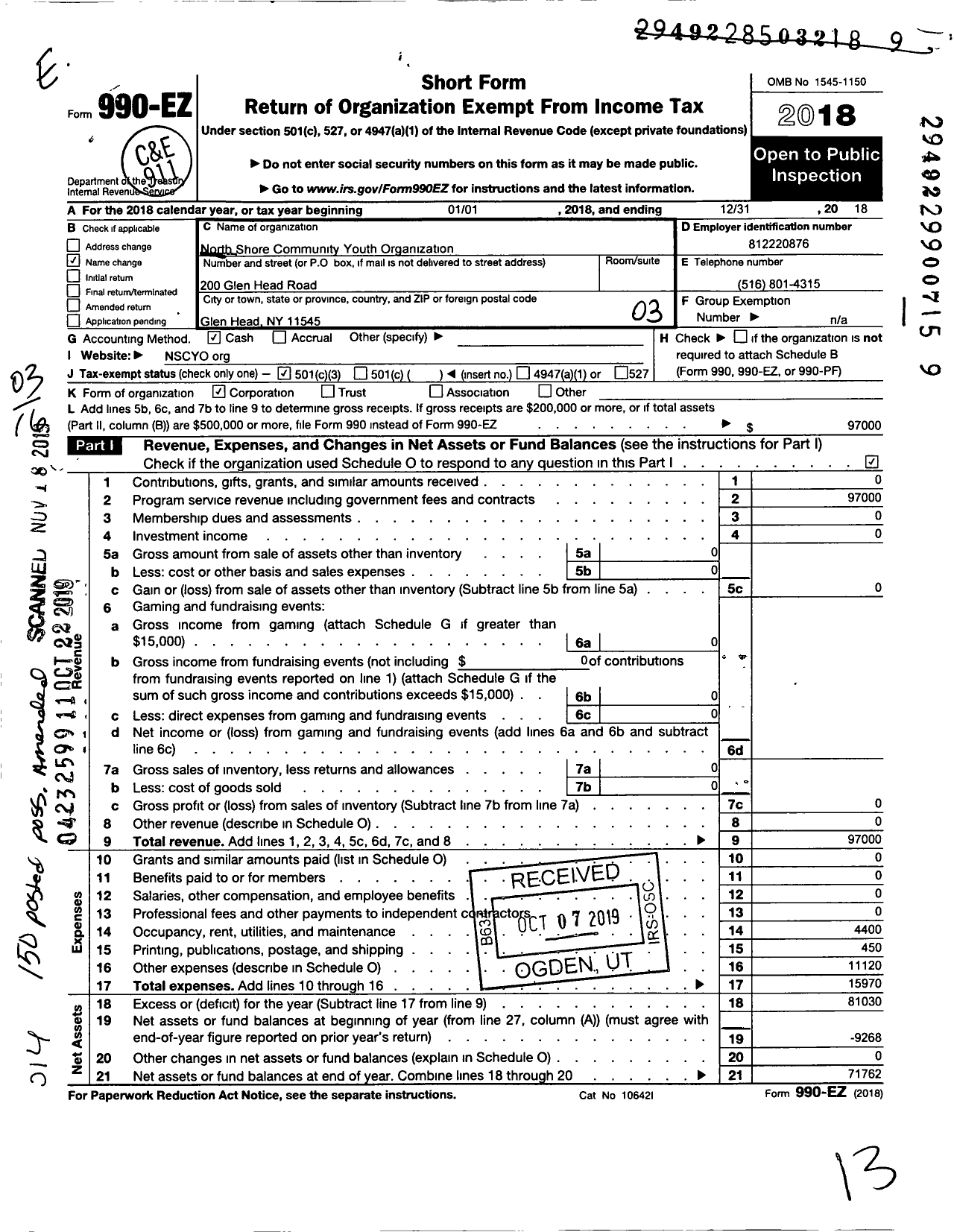 Image of first page of 2018 Form 990EZ for North Shore Community Youth Organization