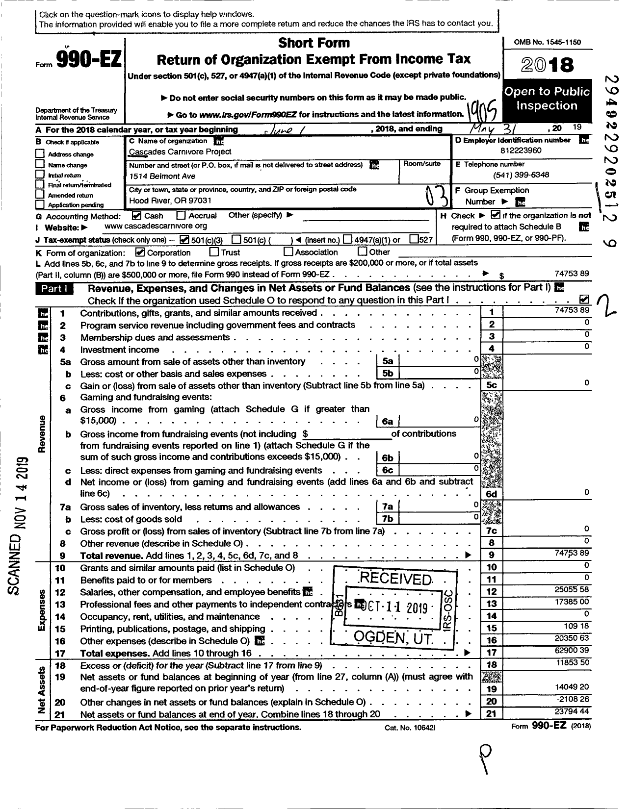 Image of first page of 2018 Form 990EZ for Cascades Carnivore Project