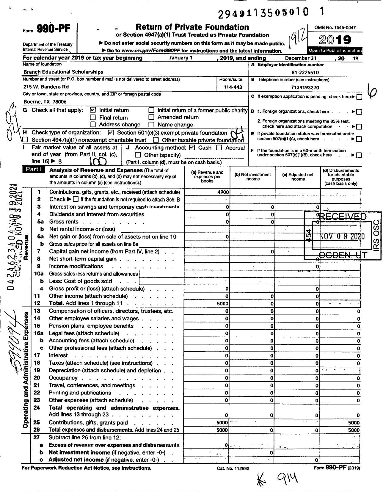 Image of first page of 2019 Form 990PF for Branch Educational Scholarships